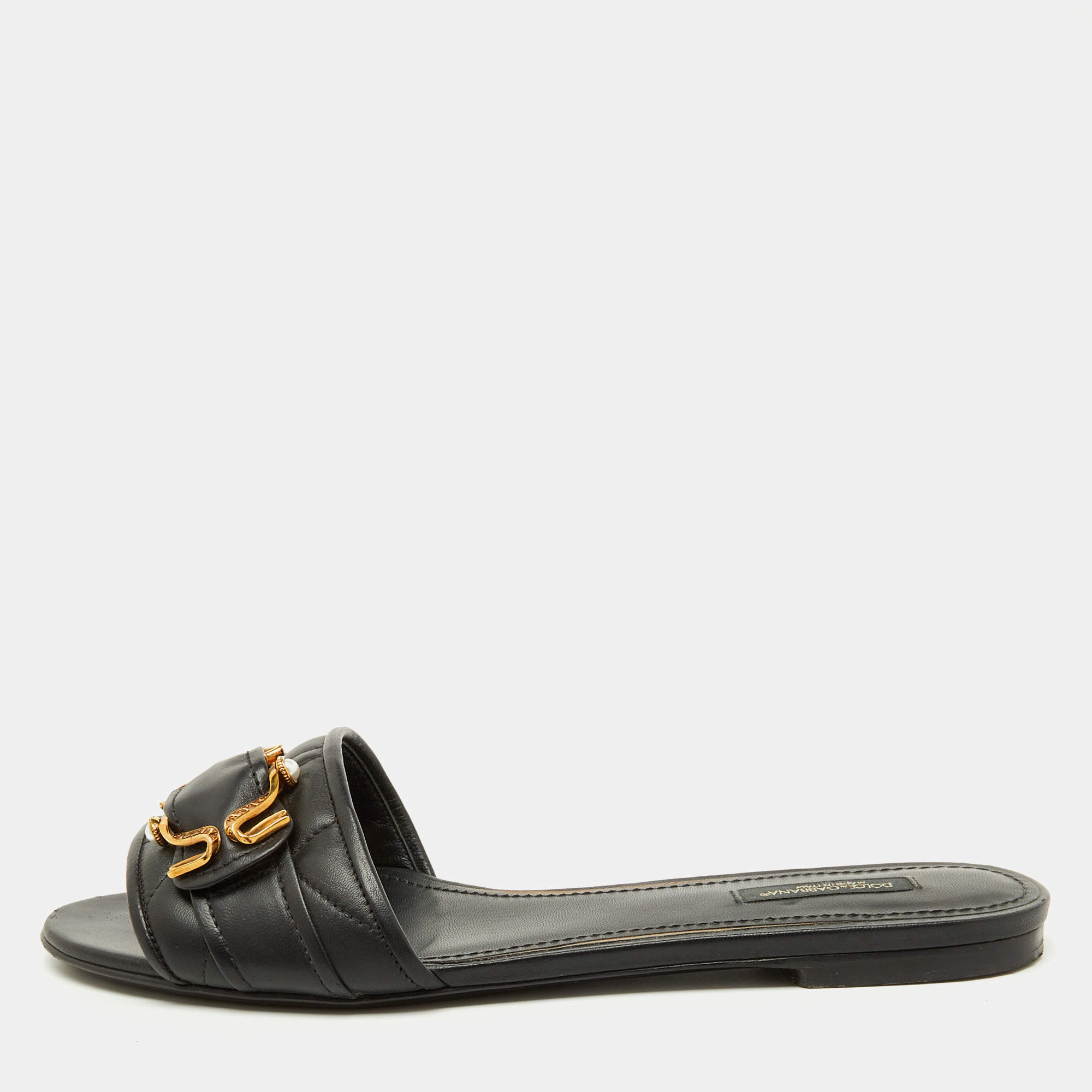 Pre Owned Dolce & Gabbana Black Leather Devotion Buckle Flat Slide Sandals Size 39