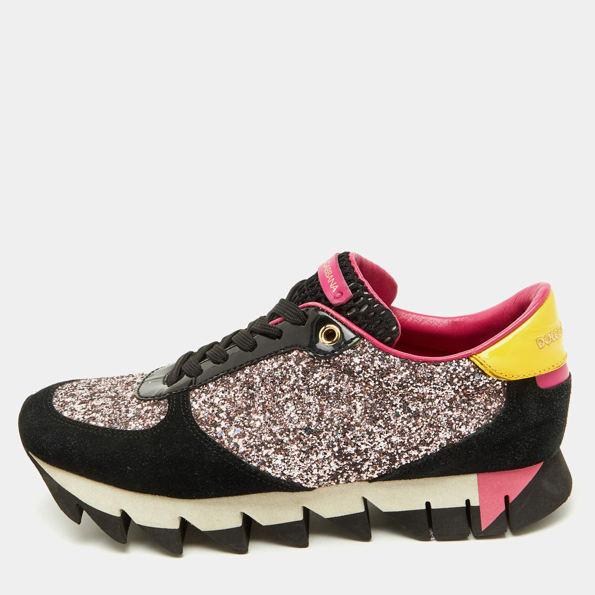 Pre Owned Dolce & Gabbana Multicolor Glitter, Patent Leather and Suede Low Top Sneakers Size 38