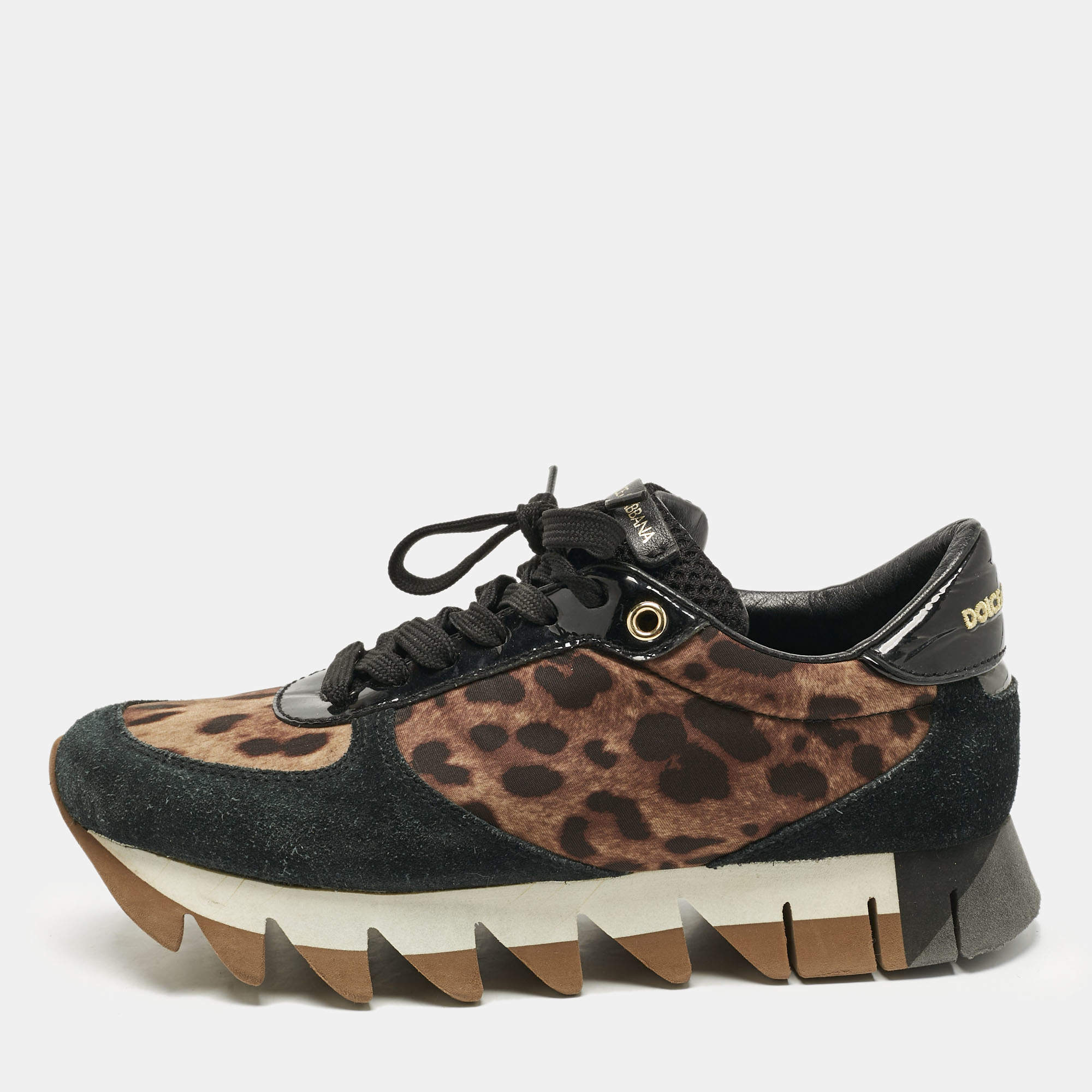 Pre Owned Dolce & Gabbana Multicolor Leopard Print Canvas and Patent Leather Lace Up Sneakers Size 36