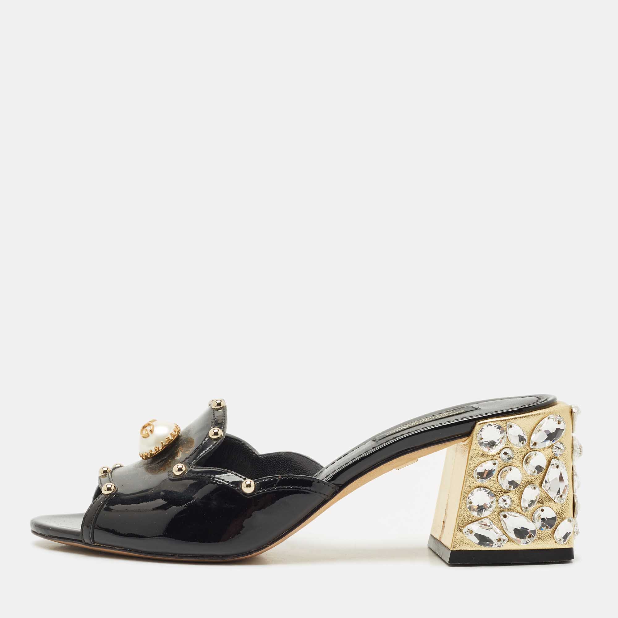 Pre Owned Dolce & Gabbana Black Patent Leather Crystal Embellished Slide Sandals Size 36.5