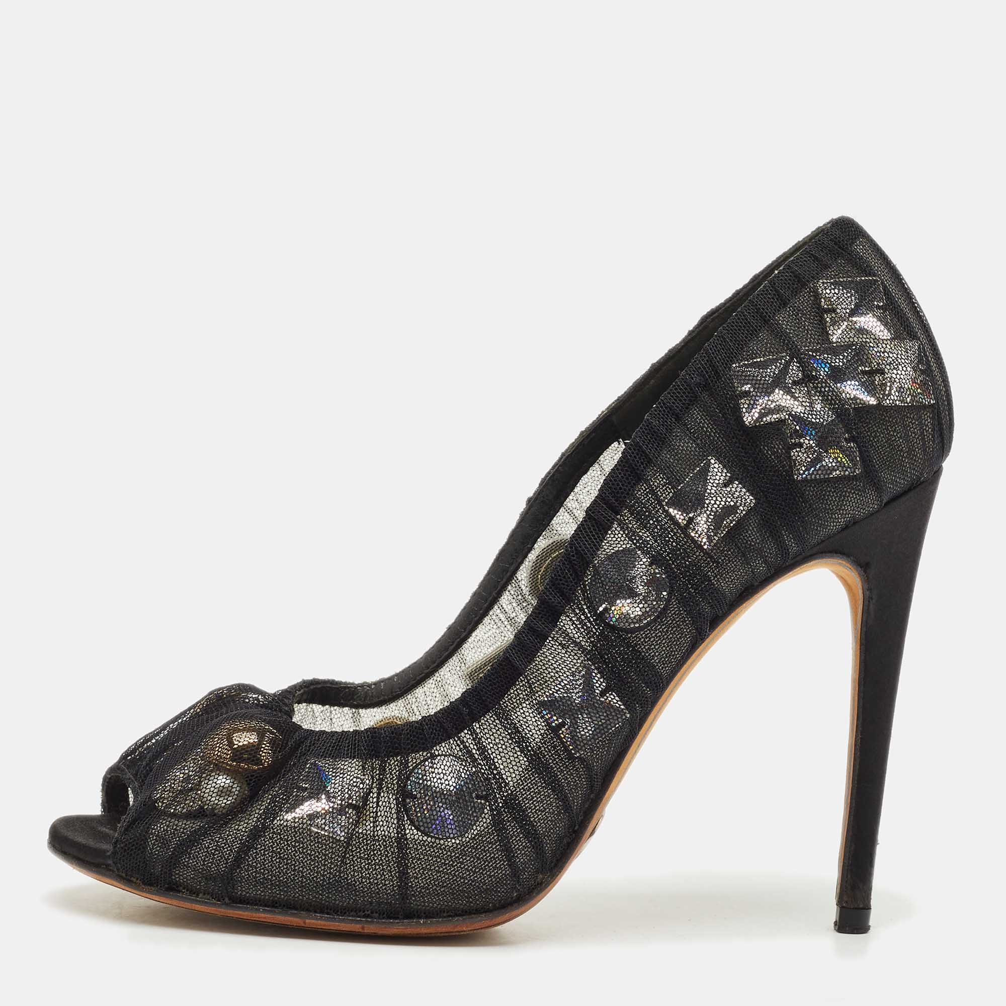 Pre Owned Dolce & Gabbana Black Lace Crystal Embellished Open Toe Pumps Size 38