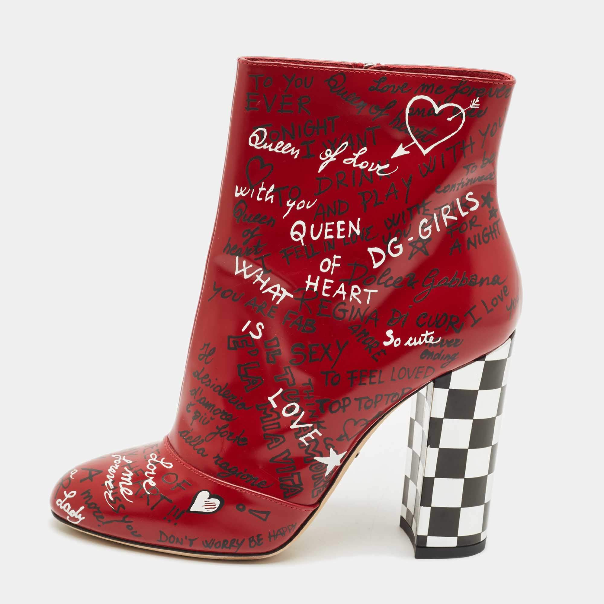 Pre Owned Dolce & Gabbana Red Leather Graffiti Ankle Boots Size 40.5