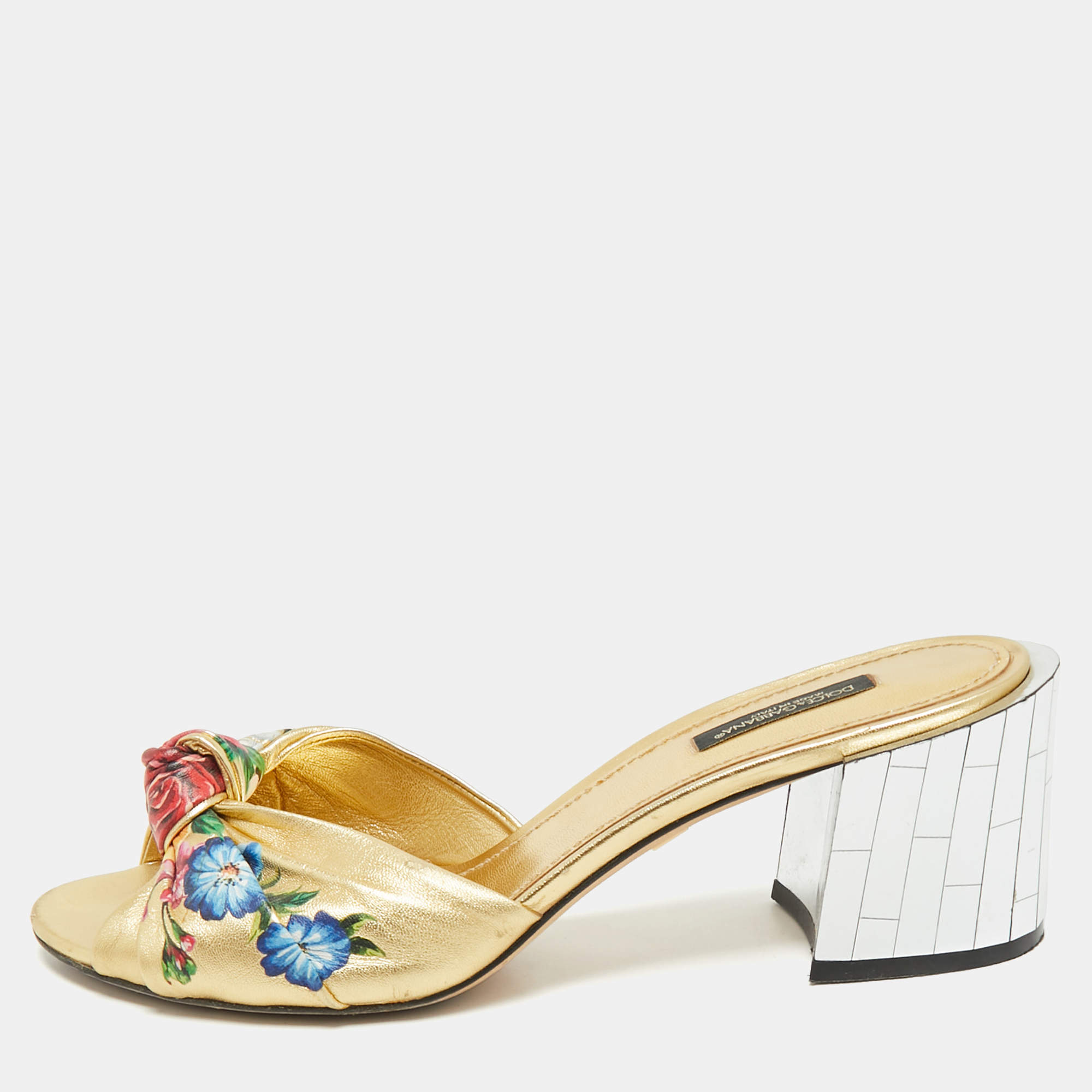 Pre Owned Dolce & Gabbana Gold Floral Print Leather Mirrored Heel Slide Sandals Size 39
