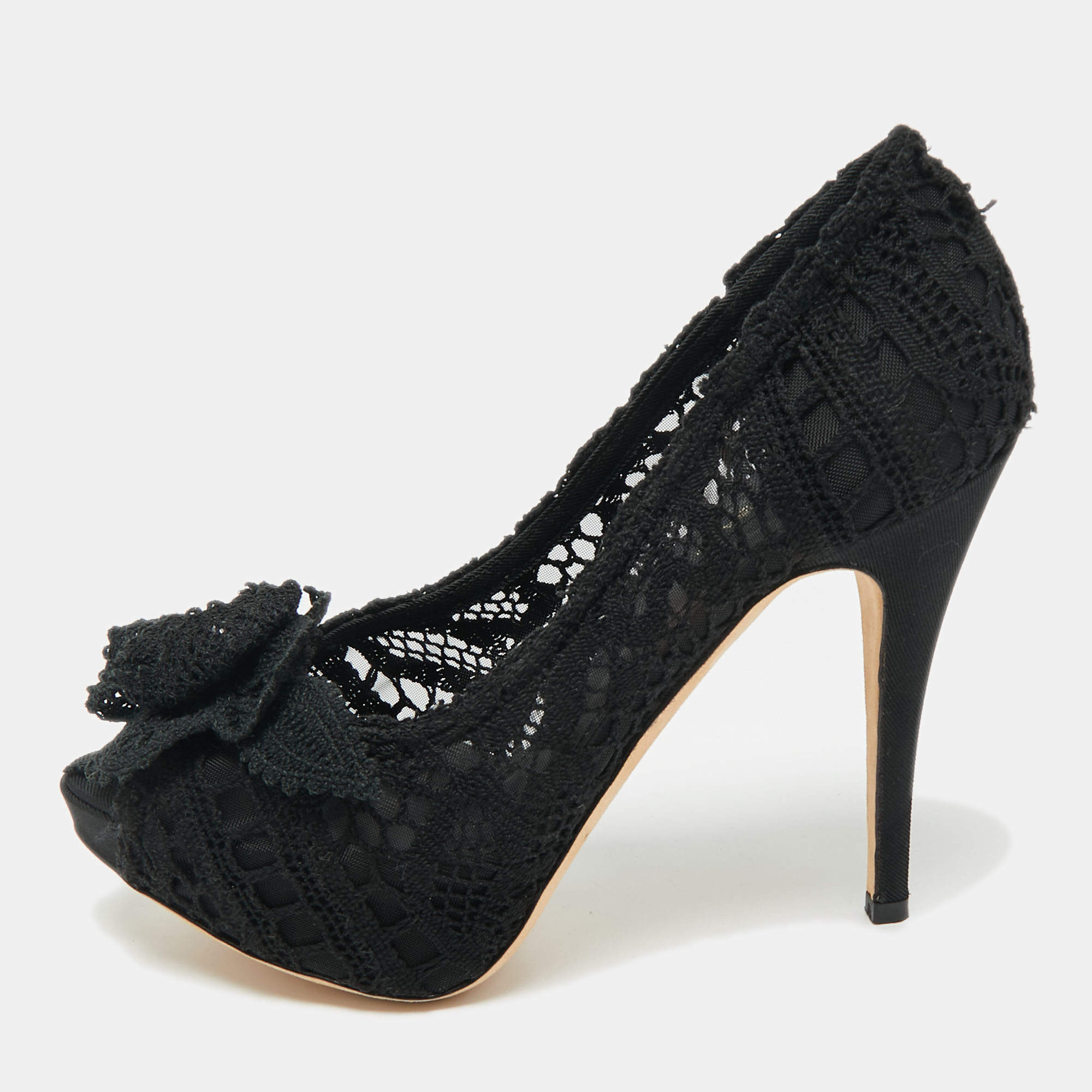 Pre Owned Dolce & Gabbana Black Lace and Mesh Peep Toe Pumps Size 37