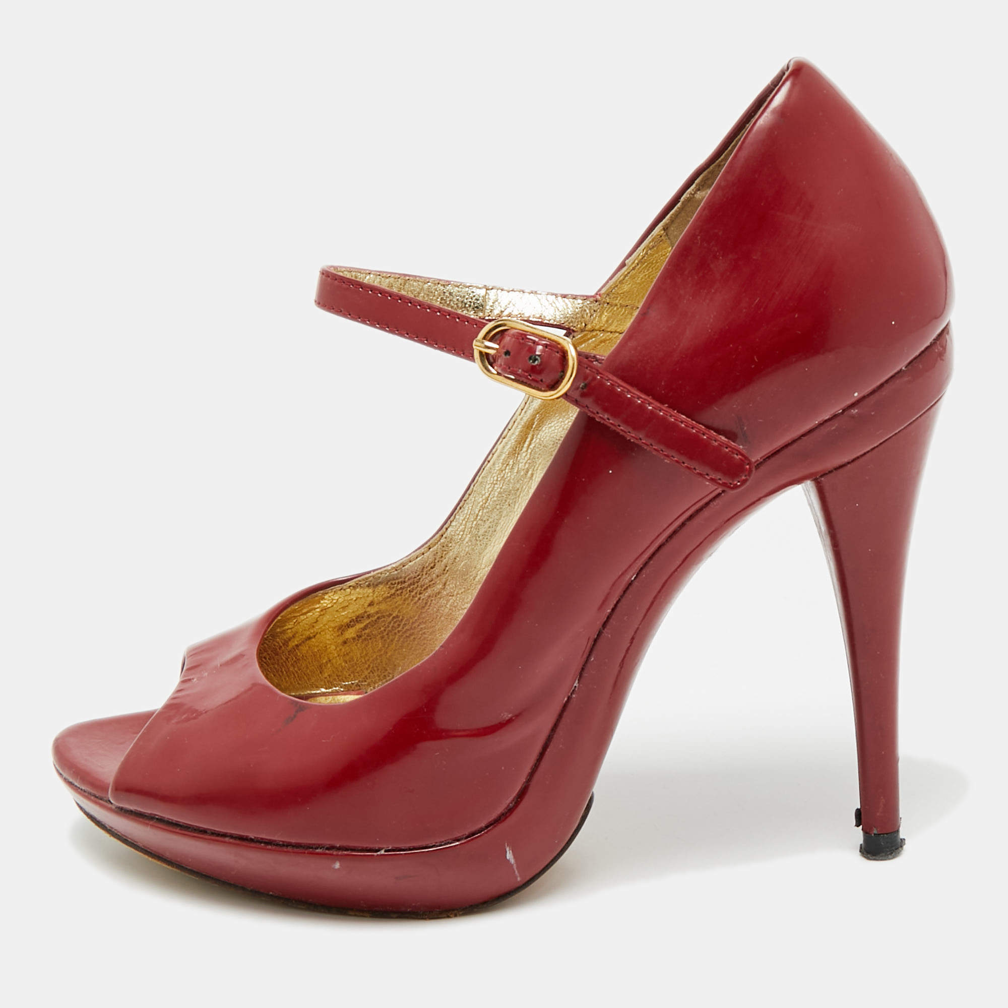 Pre Owned Dolce & Gabbana Red Patent Leather Platform Peep Toe Mary Jane Pumps Size 37