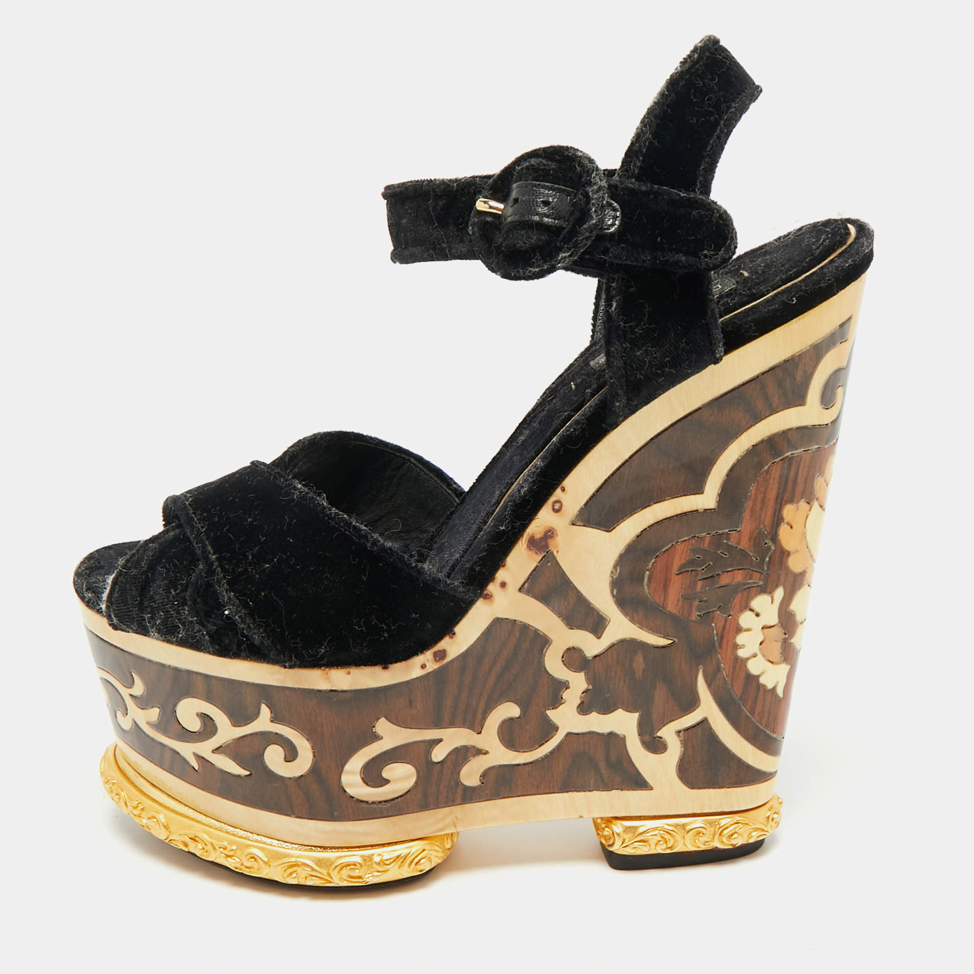 Pre Owned Dolce & Gabbana Navy Blue Velvet Ankle Strap Wedge Sandals Size 36