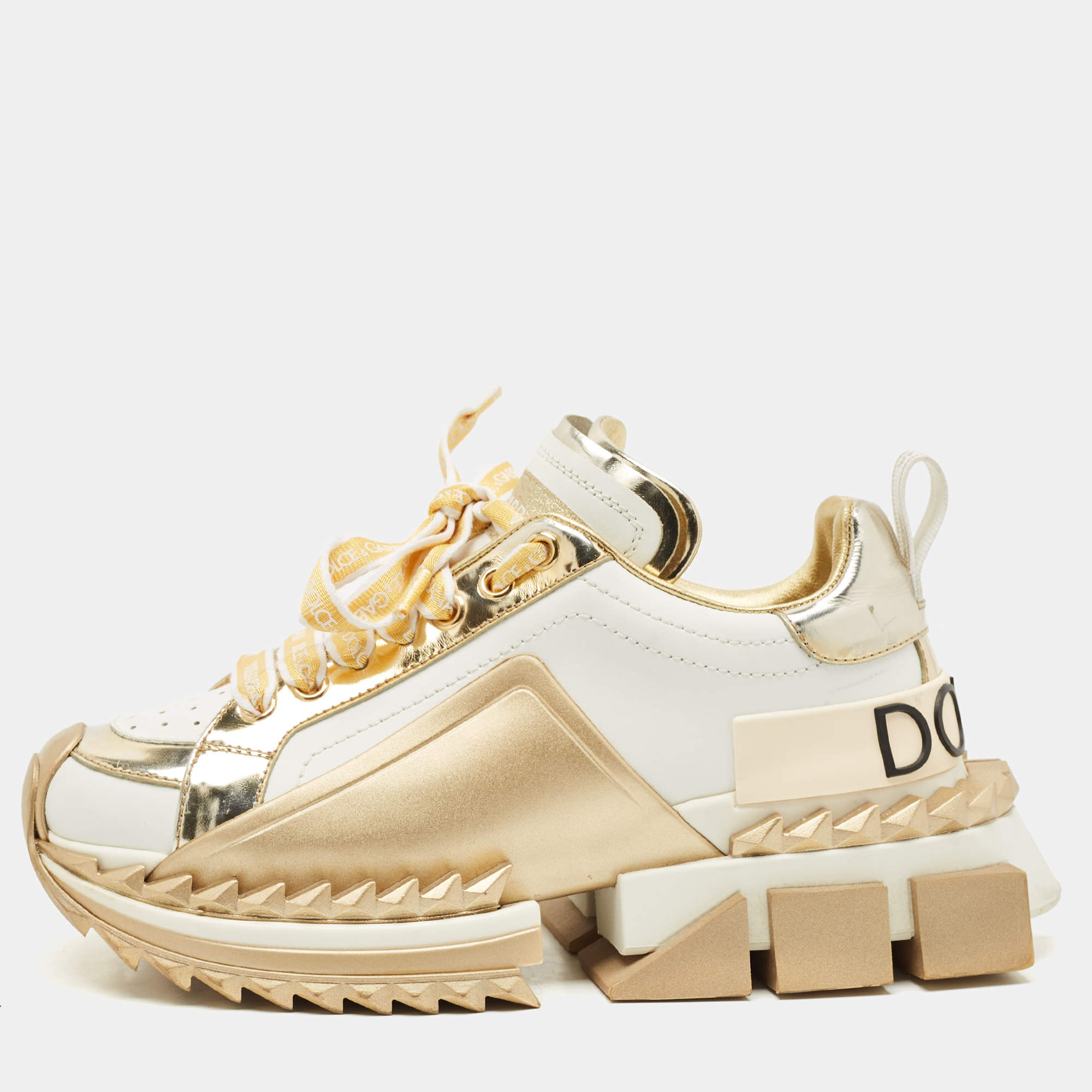 Pre Owned Dolce & Gabbana White/Gold Leather Super King Lace Up Sneakers Size 35.5