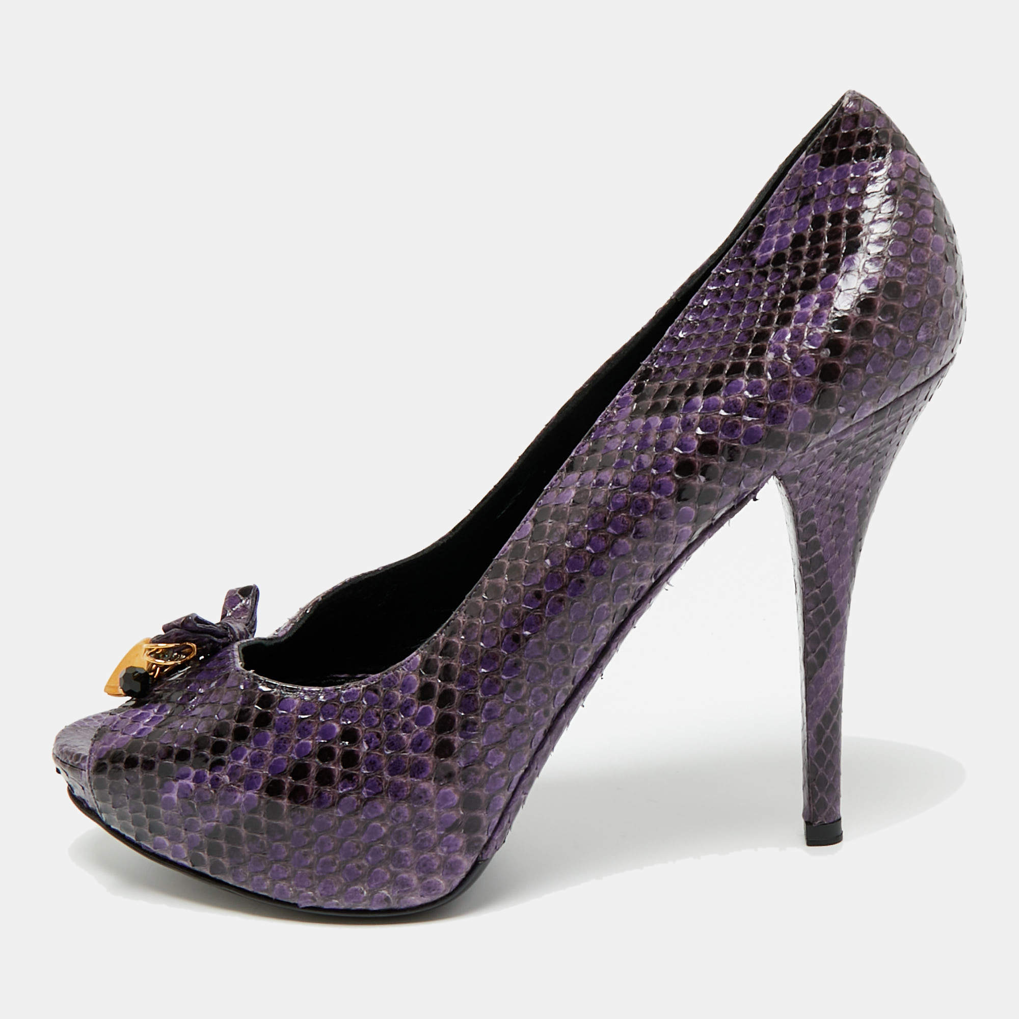 Pre Owned Dolce & Gabbana Purple/Black Watersnake Leather Peep Toe Platform Pumps Size 40