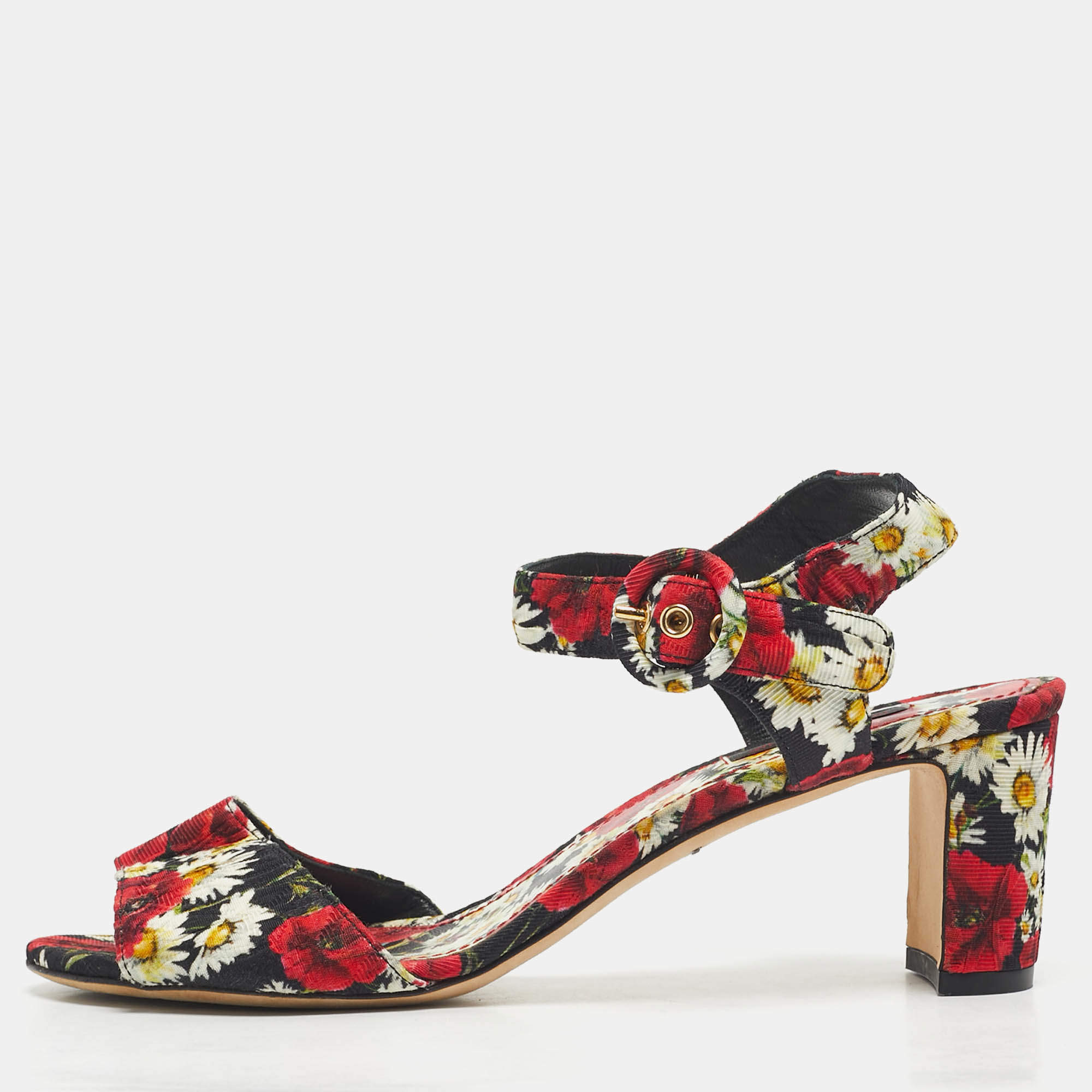 Pre Owned Dolce & Gabbana Multicolor Floral Print Fabric Ankle Strap Sandals Size 39.5