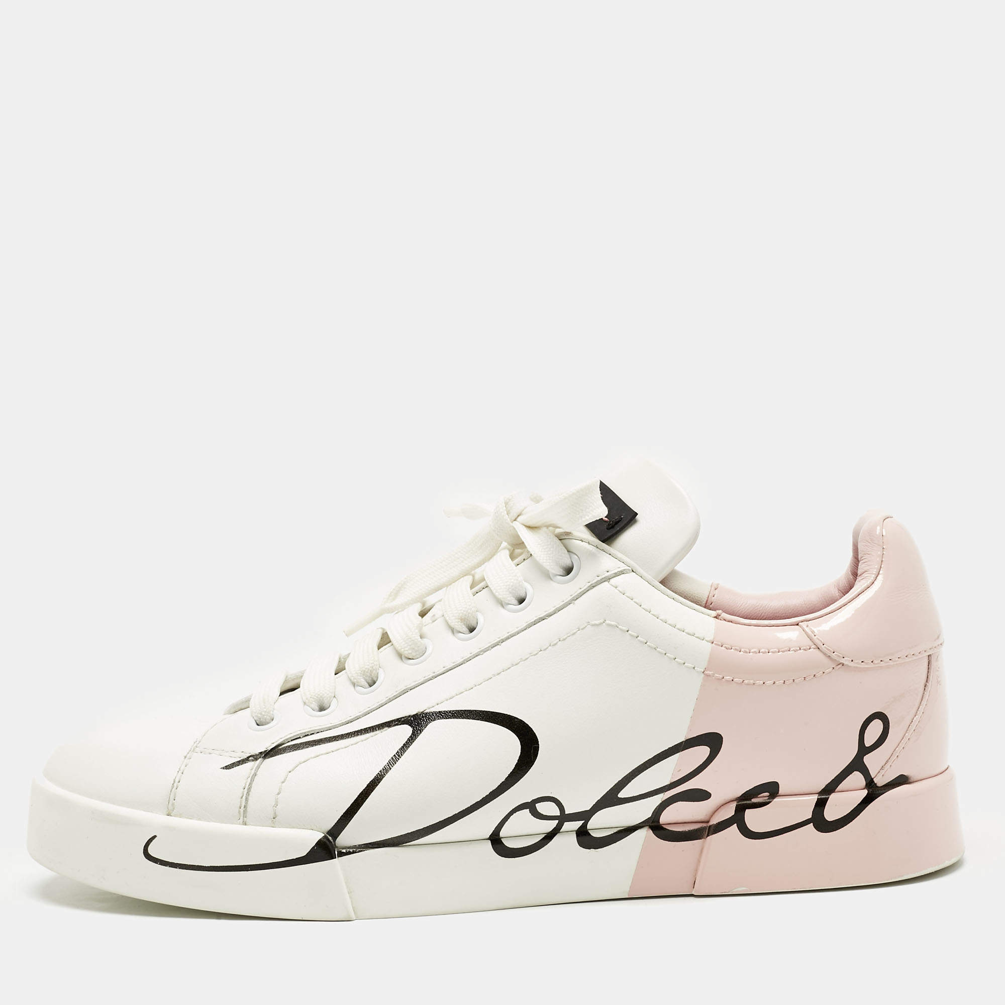 Pre Owned Dolce & Gabbana White/Pink Leather Portofino Lace Up Sneakers Size 39.5
