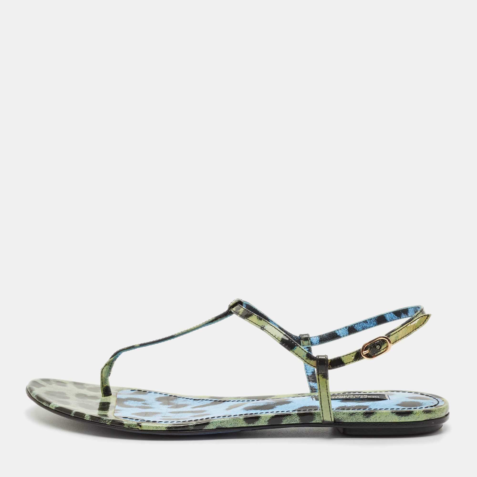 Pre Owned Dolce & Gabbana Green/Black Patent Leather Thong Slingback Flat Sandals Size 39
