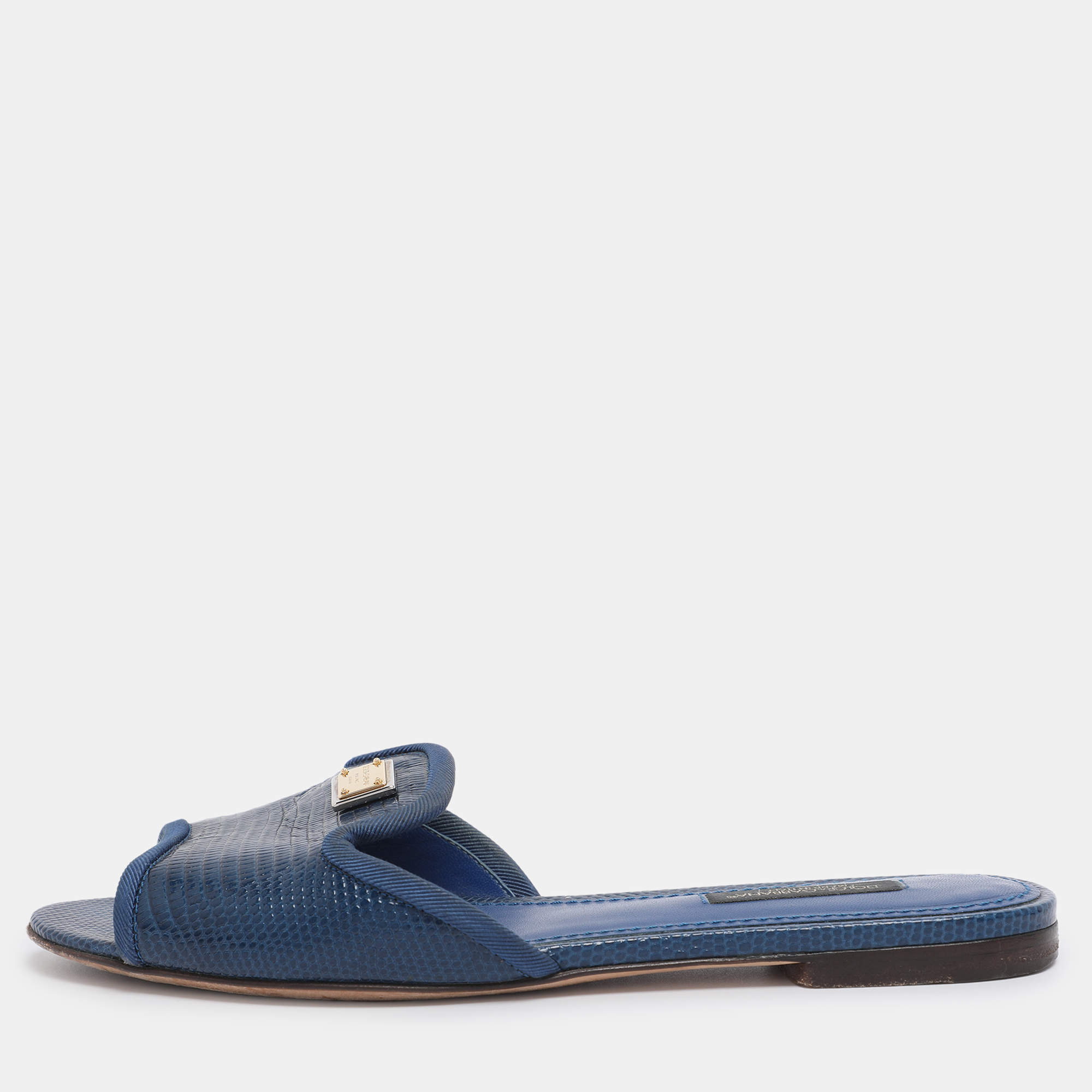 Pre Owned Dolce & Gabbana Blue Lizard Embossed Leather Sofia Slides Size 35