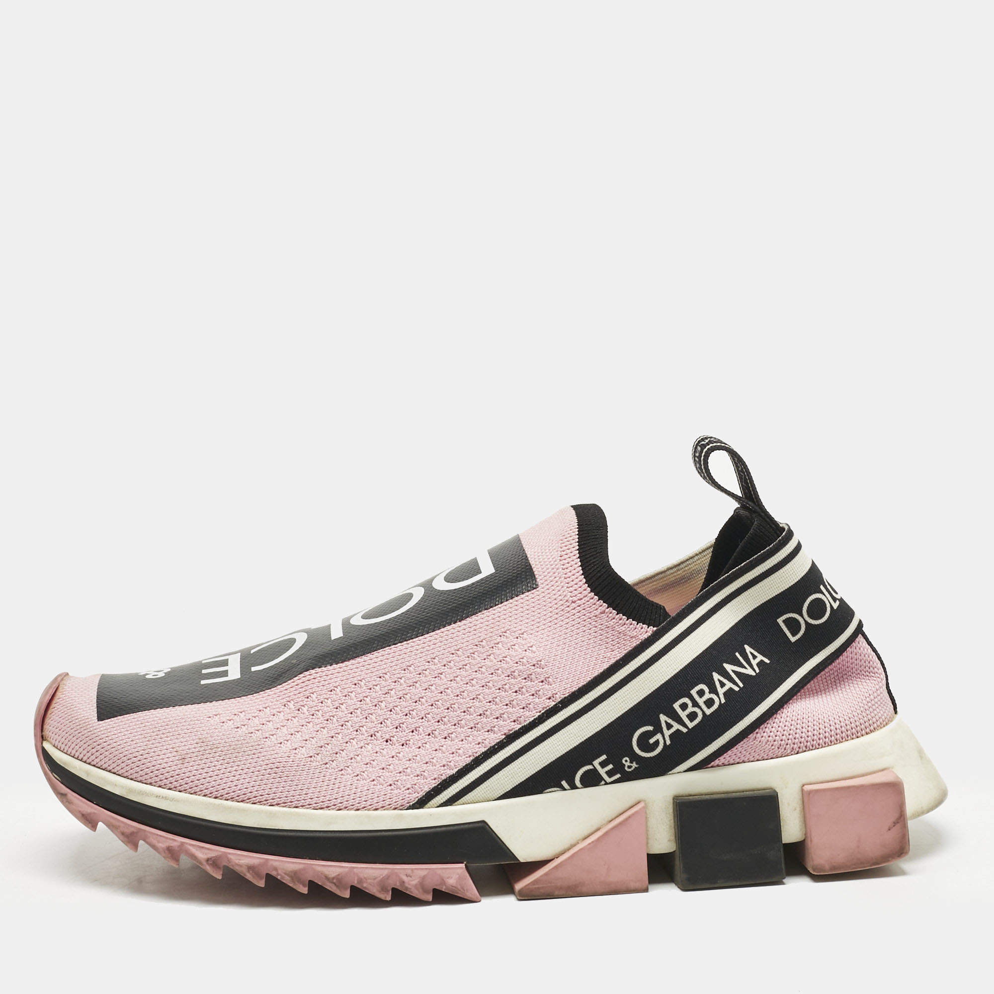 Pre Owned Dolce & Gabbana Pink Knit Fabric Sorrento Slip On Sneakers Size 39.5