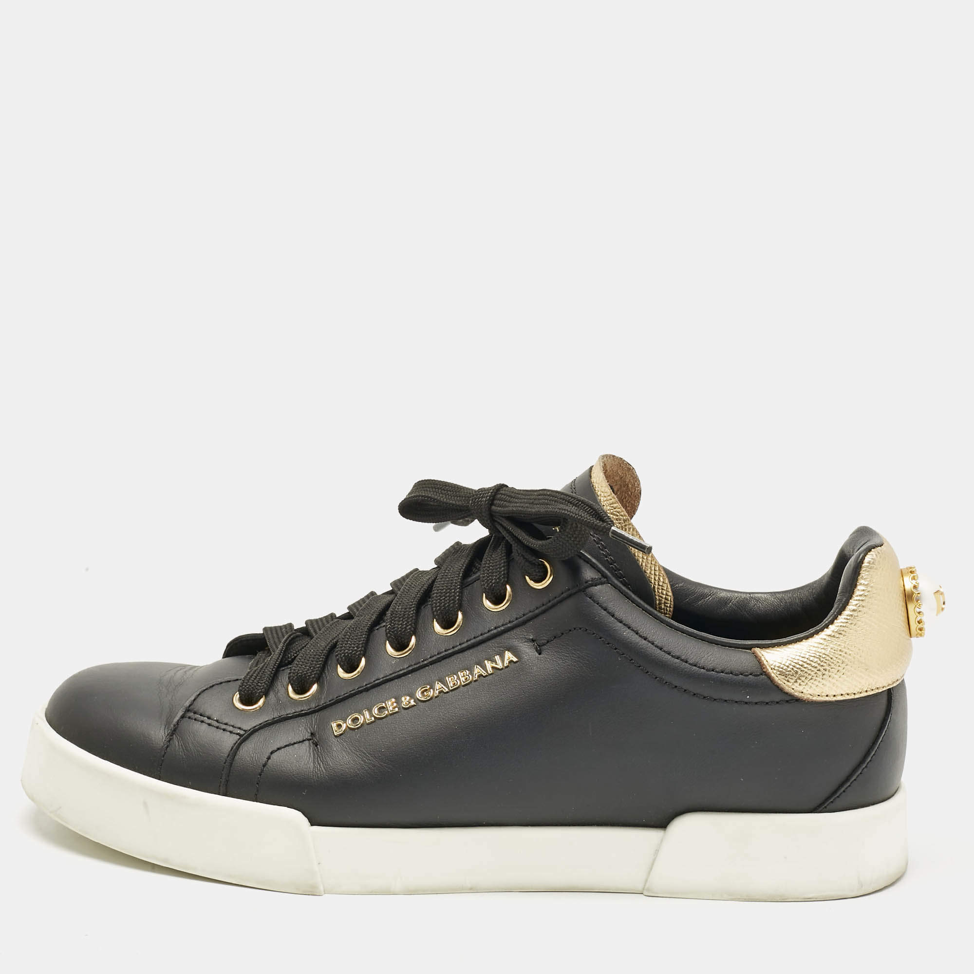 Pre Owned Dolce & Gabbana Black/Gold Leather Portofino Pearl Embellished Low Top Sneakers Size 40