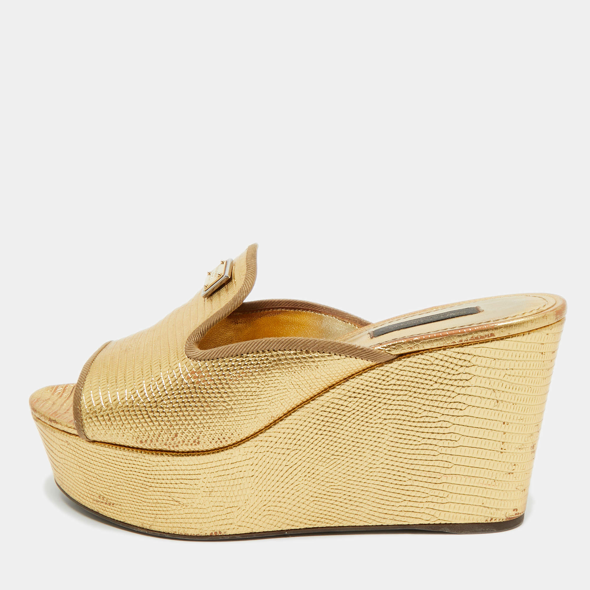 Pre Owned Dolce & Gabbana Gold Lizard Embossed Leather Wedge Sandals Size 37