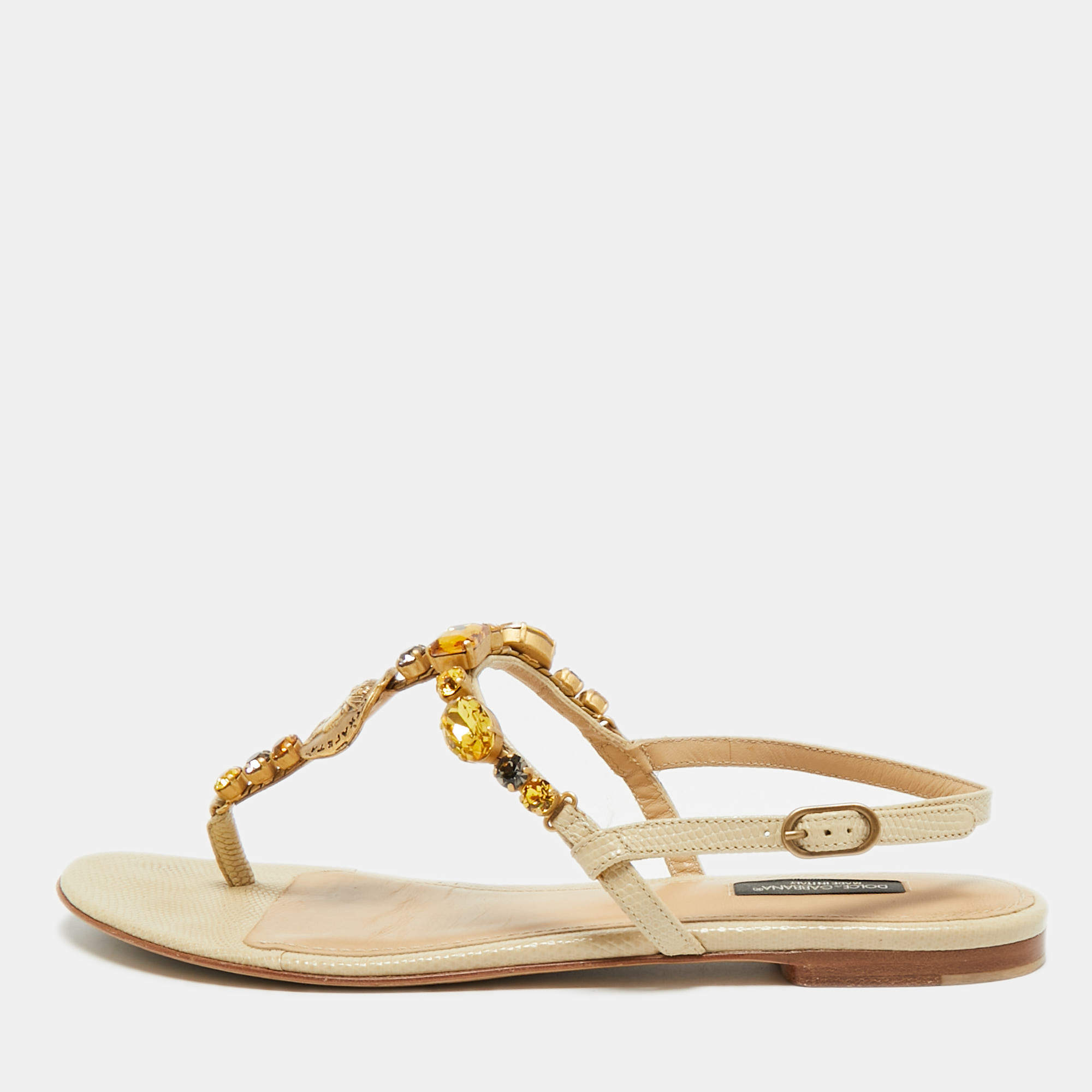 Pre Owned Dolce & Gabbana Beige Lizard Embossed Leather Crystal Embellished Thong Flat Sandals Size 39.5