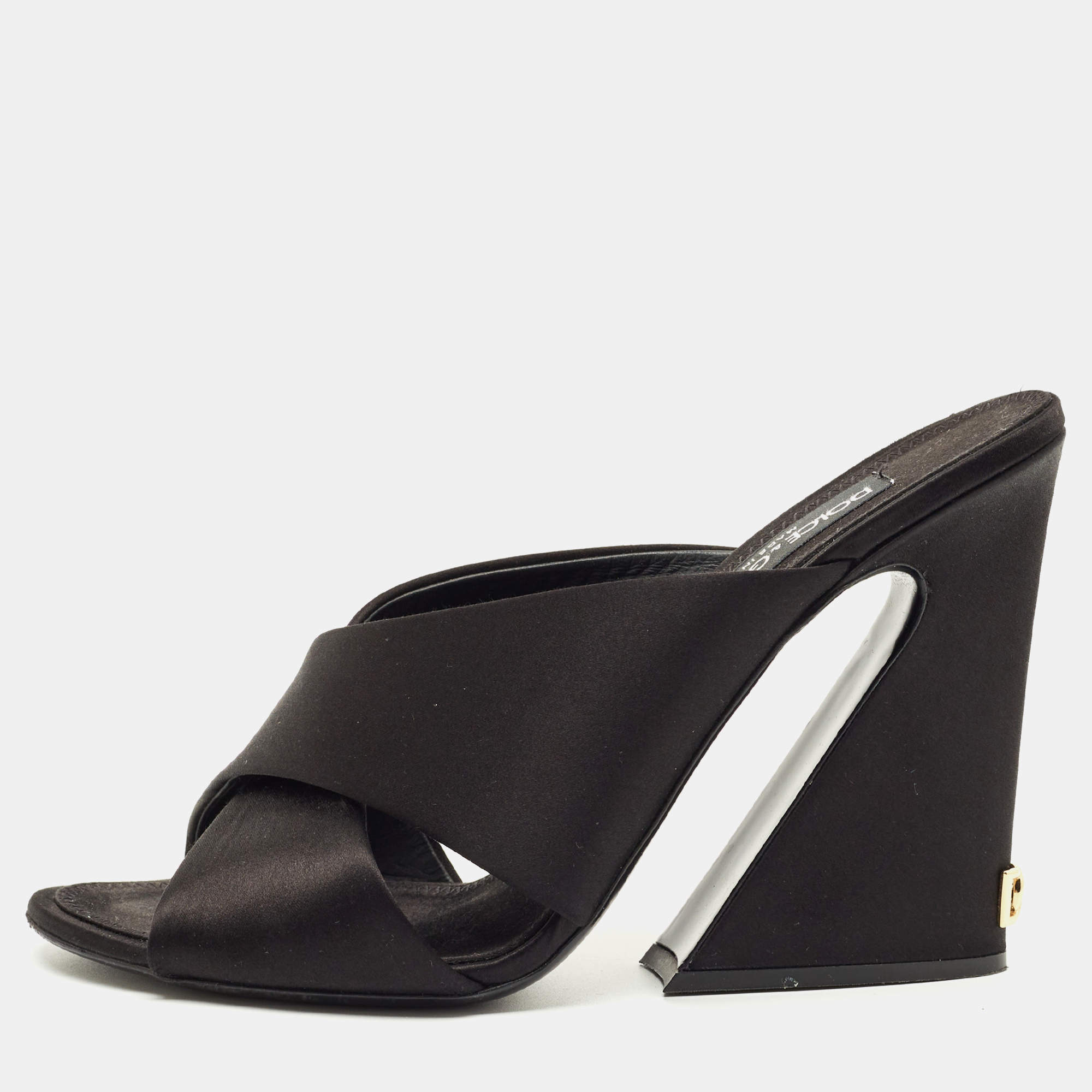 Pre Owned Dolce & Gabbana Black Satin Crisscross Slide Sandals Size 41