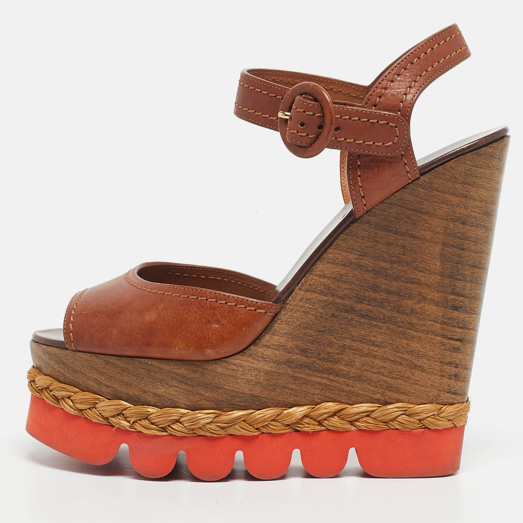 Pre Owned Dolce & Gabbana Brown Leather Ankle Strap Wedge Sandals Size 38.5