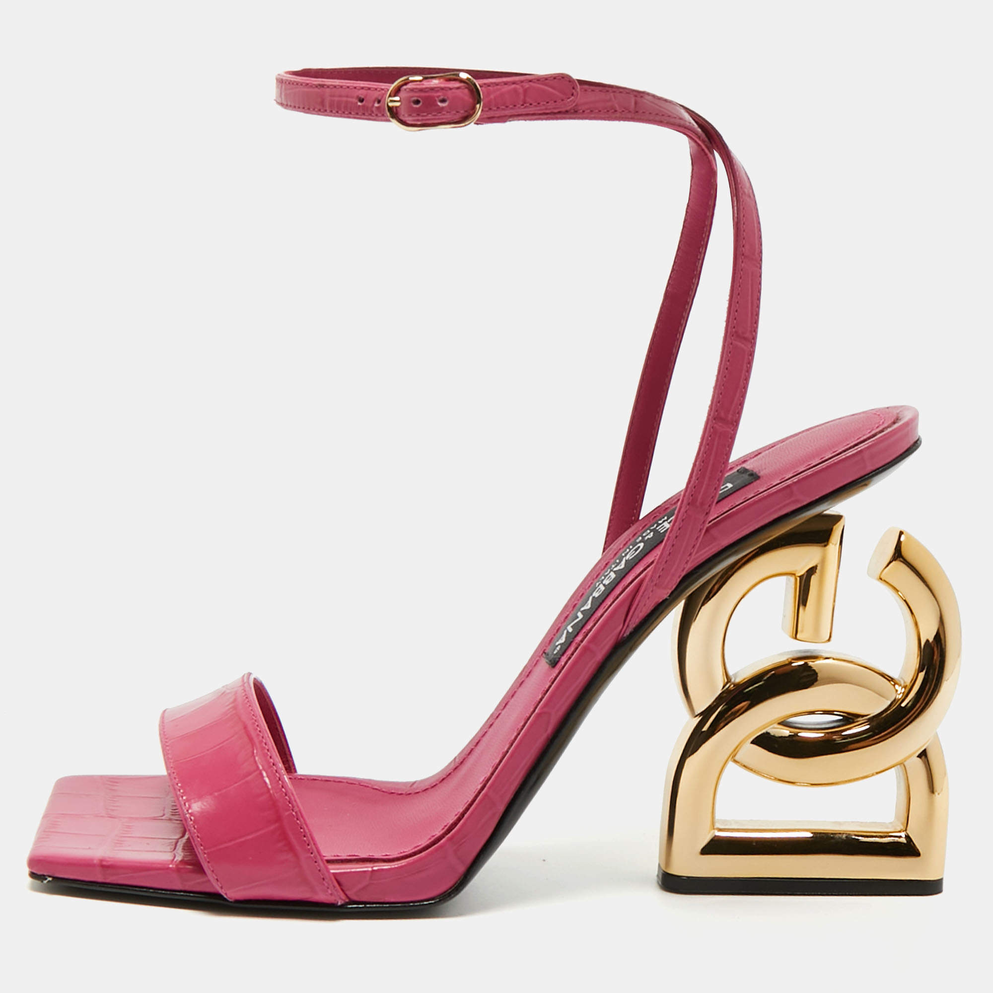 Pre Owned Dolce & Gabbana Pink Croc Embossed Leather Ankle Strap Sandals Size 39