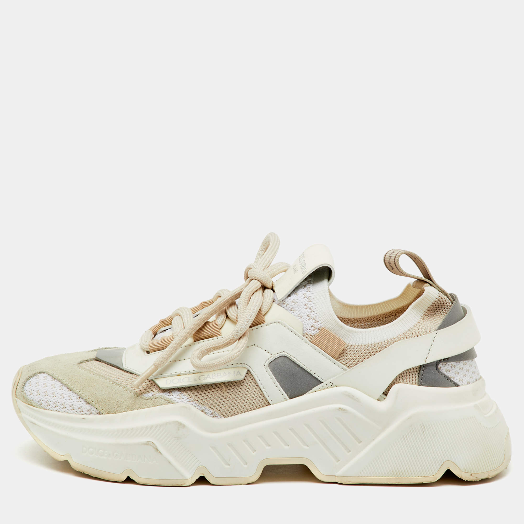 Pre Owned Dolce & Gabbana White/Beige Knit Fabric and Leather Daymaster Sneakers Size 37.5