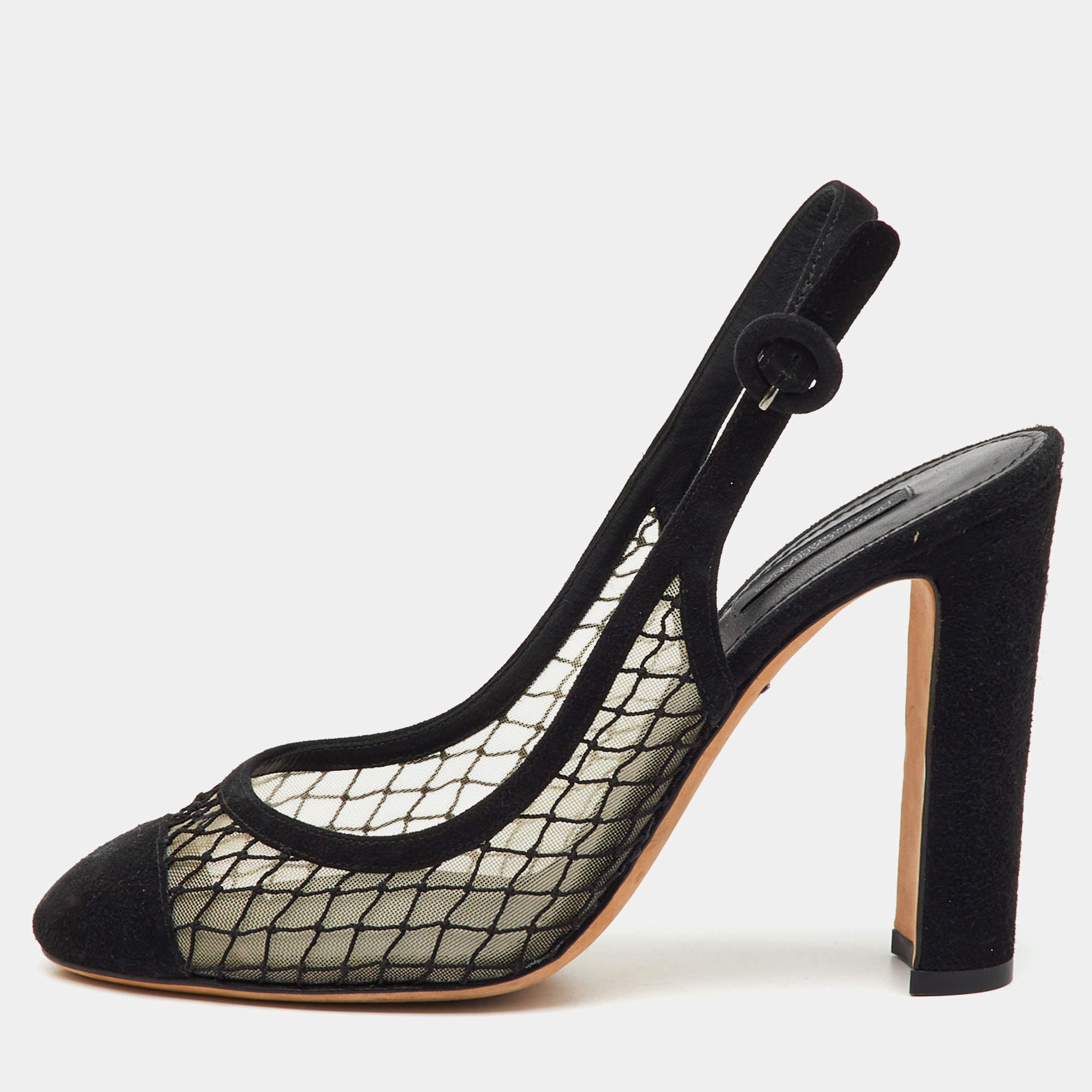 Pre Owned Dolce & Gabbana Black Suede and Mesh Cap Toe Slingback Pumps Size 40