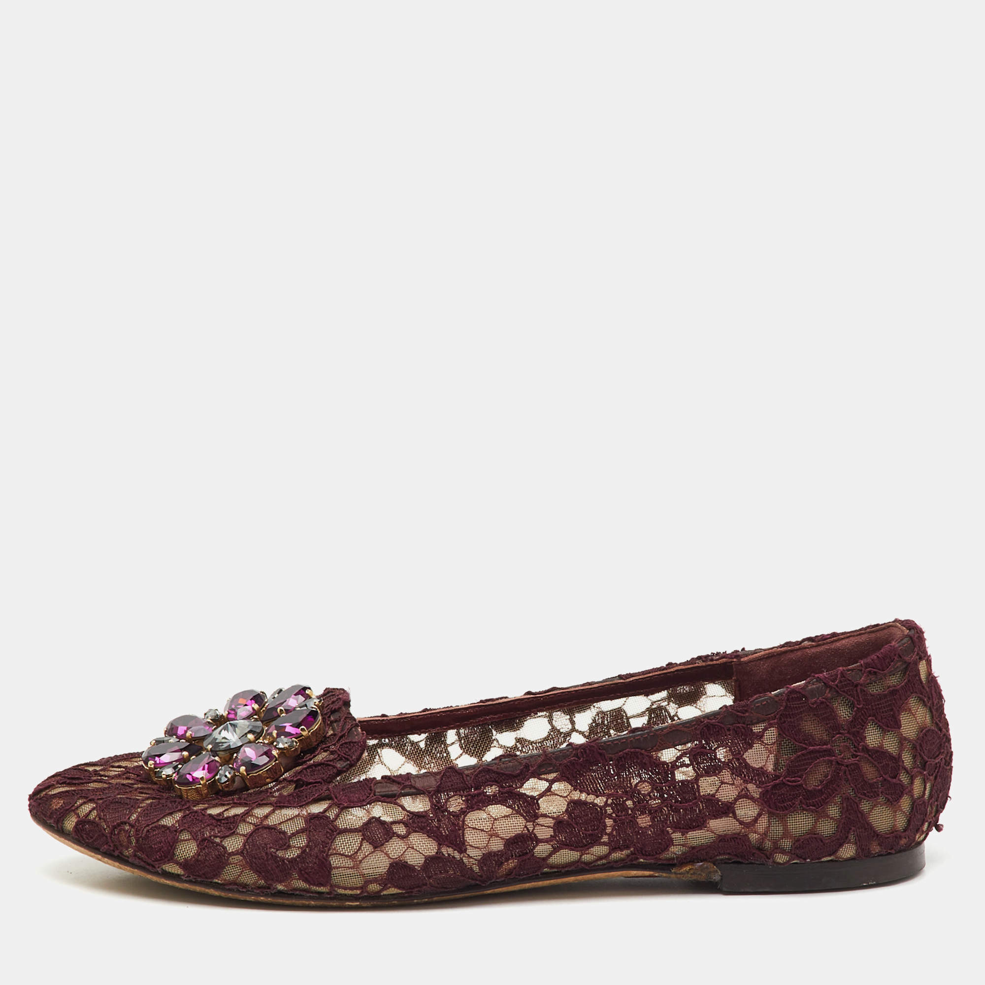 Pre Owned Dolce & Gabbana Burgundy Lace Crystal Embellished Taormina Ballet Flats Size 39