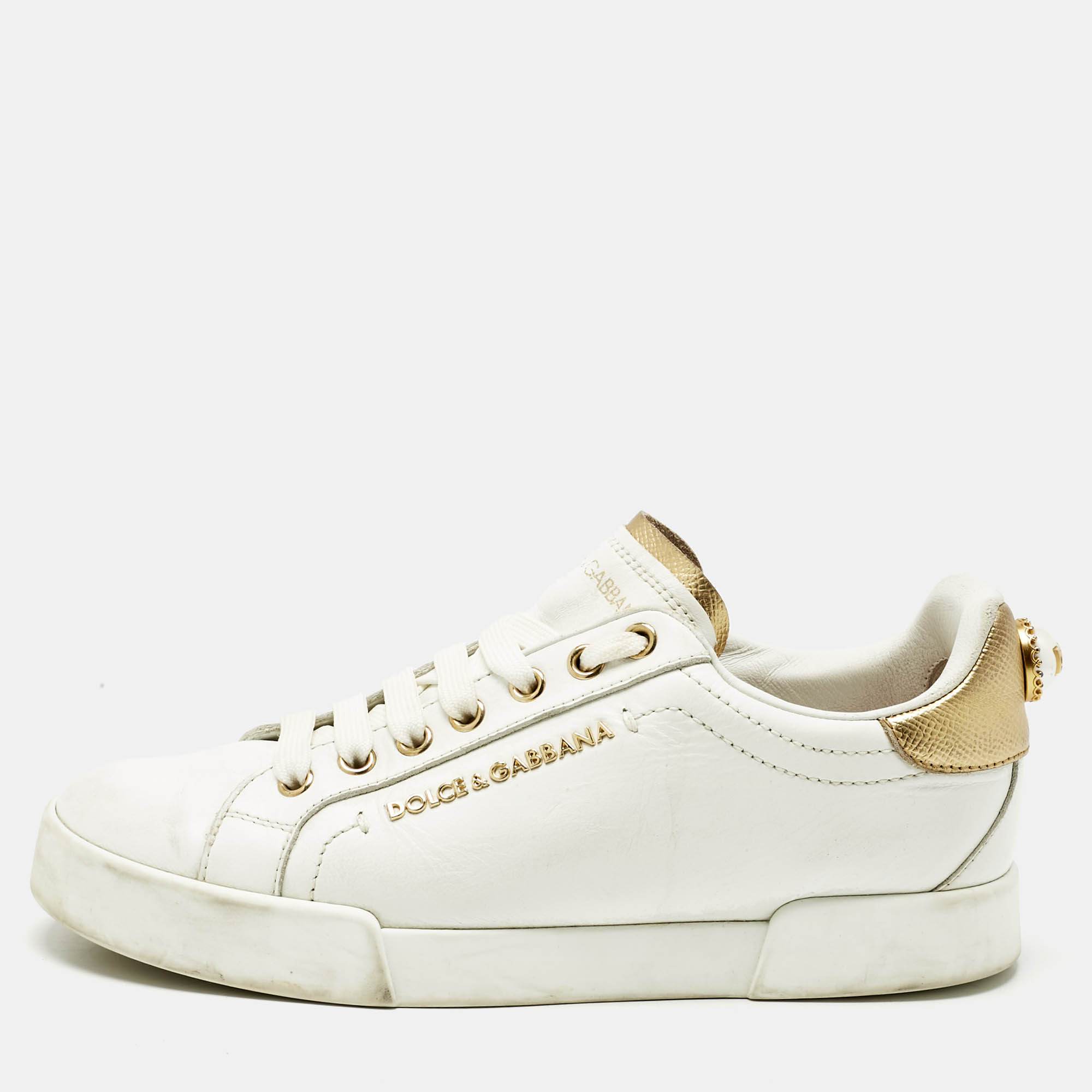 Pre Owned Dolce & Gabbana White/Gold Leather Portofino Pearl Embellished Low Top Sneakers Size 37.5