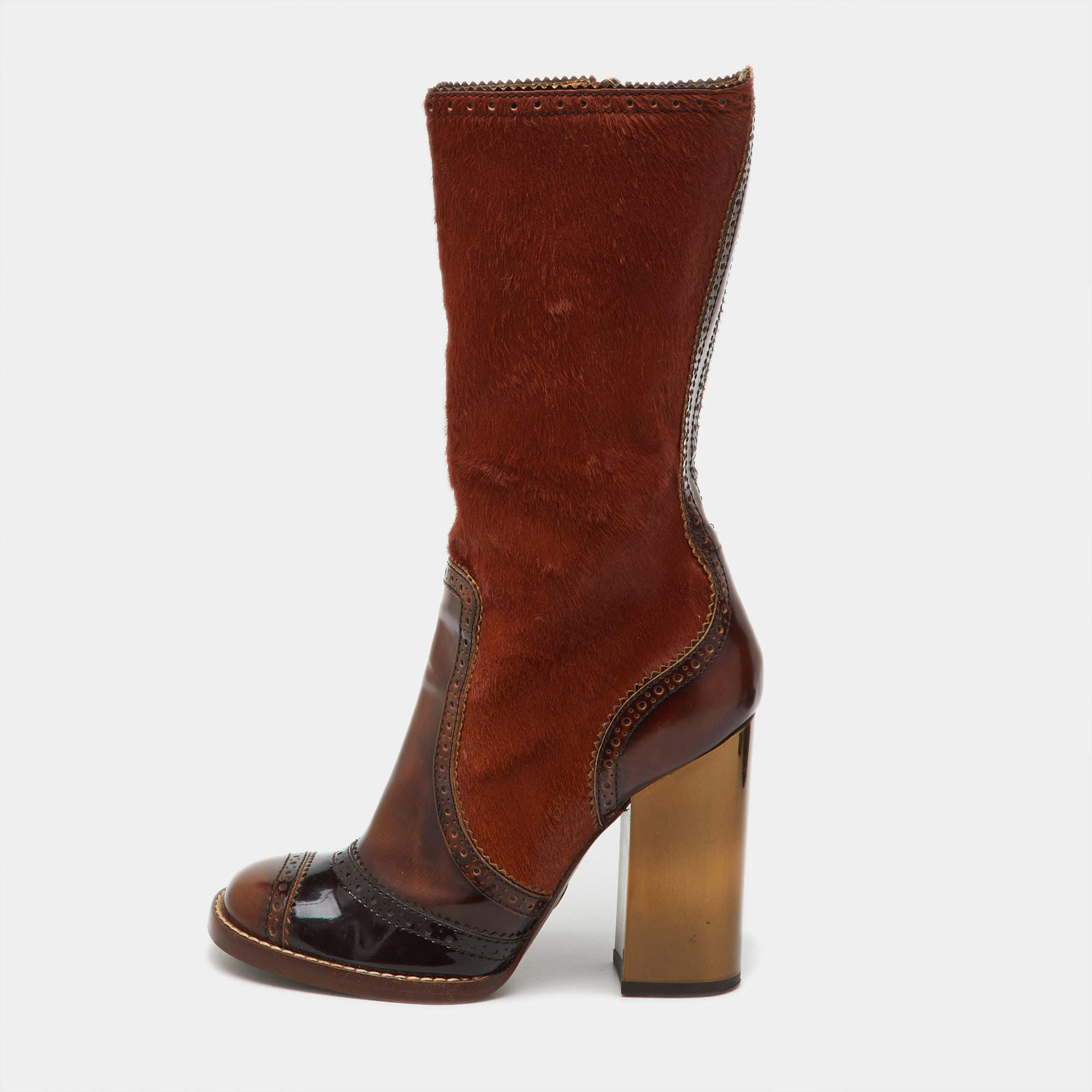 Pre Owned Dolce & Gabbana Brown Patent Leather and Calf Hair Calf Length Boots Size 39