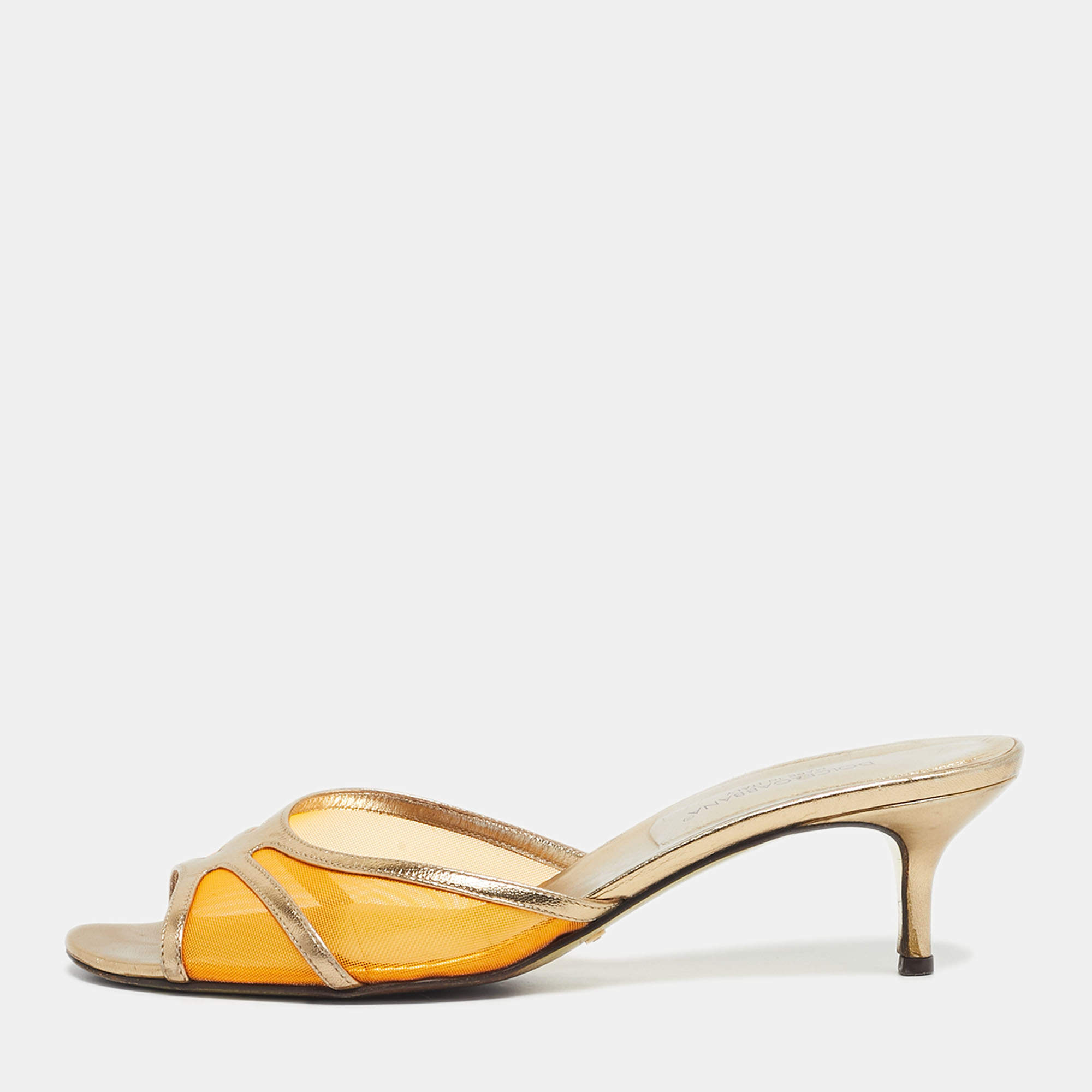 Pre Owned Dolce & Gabbana Gold/Orange Leather and Mesh Slide Sandals Size 39.5