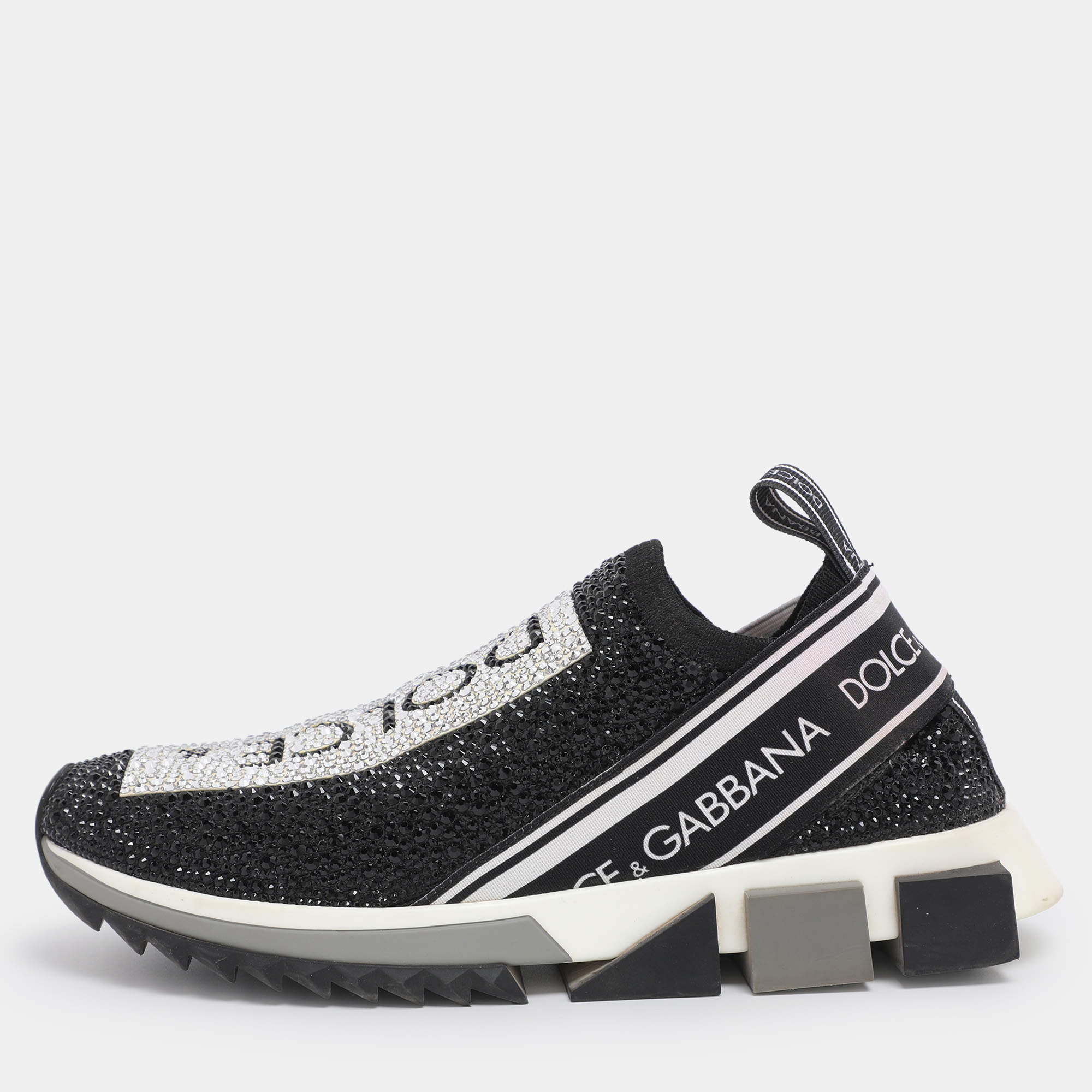 Pre Owned Dolce & Gabbana Black/Silver Crystal Embellished Knit Fabric Sorrento Sneakers Size 38