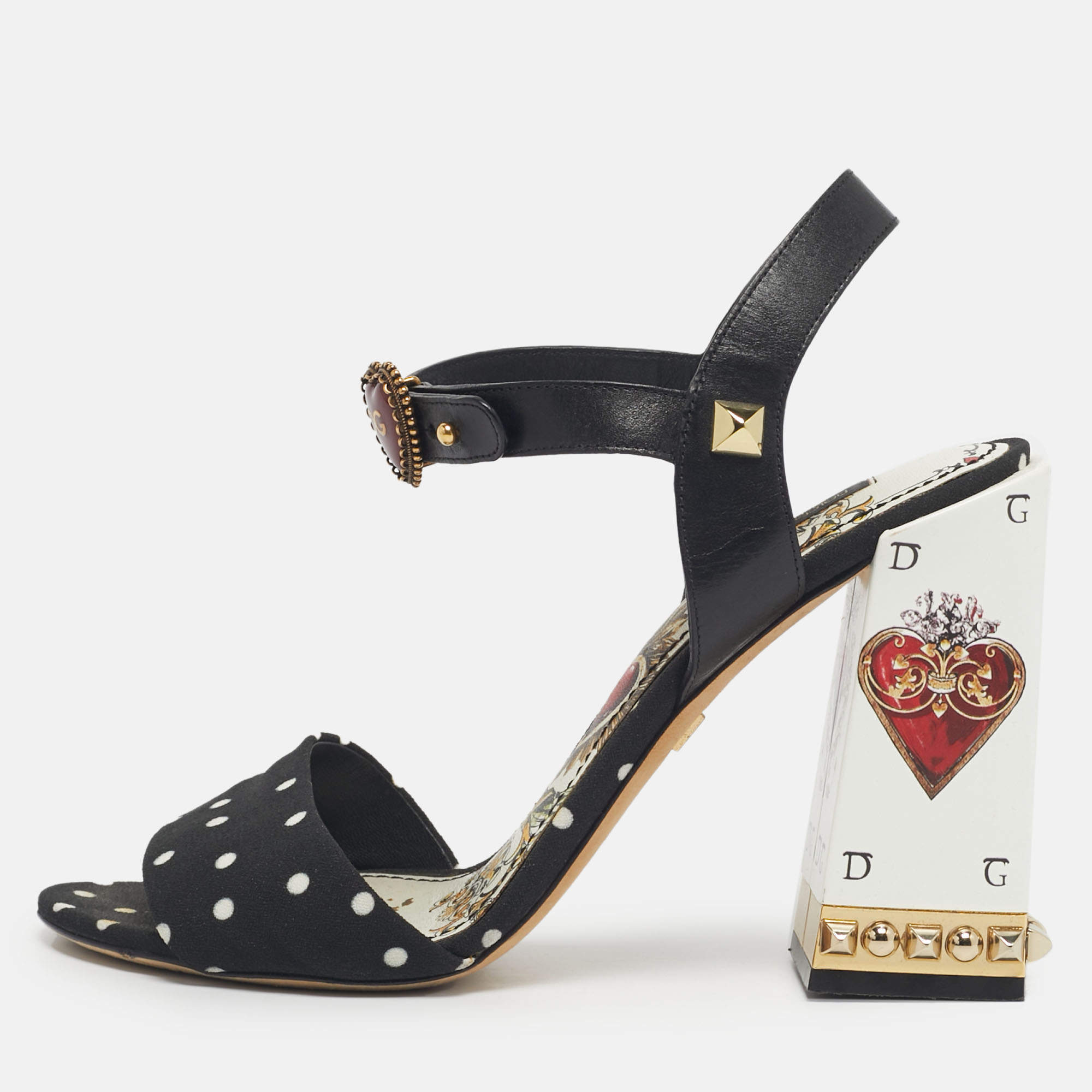 Pre Owned Dolce & Gabbana White/Black Leather Heart Buckle Polka Dot Cady Sandals Size 39.5