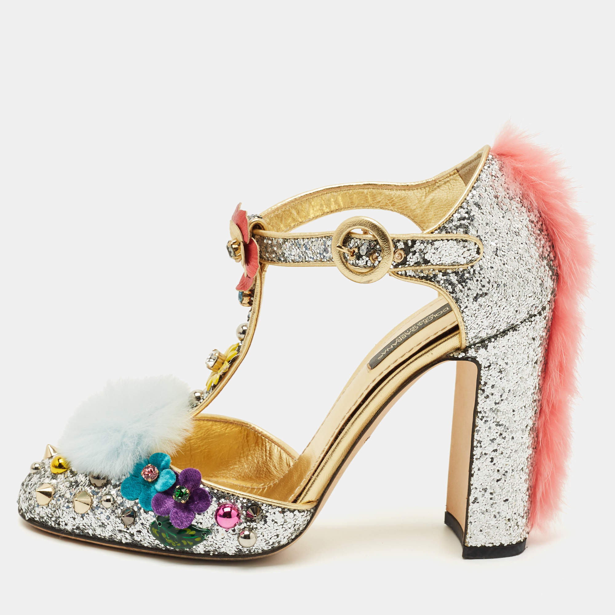 Pre Owned Dolce & Gabbana Silver Glittered and Leather Fluffy Mary Jane Pumps Size 37.5