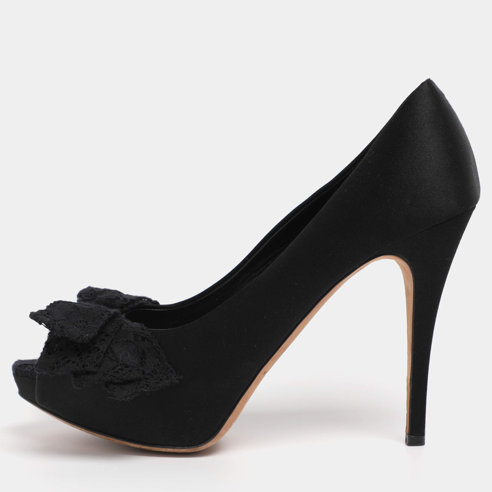 Pre Owned Dolce & Gabbana Black Satin Lace Bow Platform Pumps Size 39