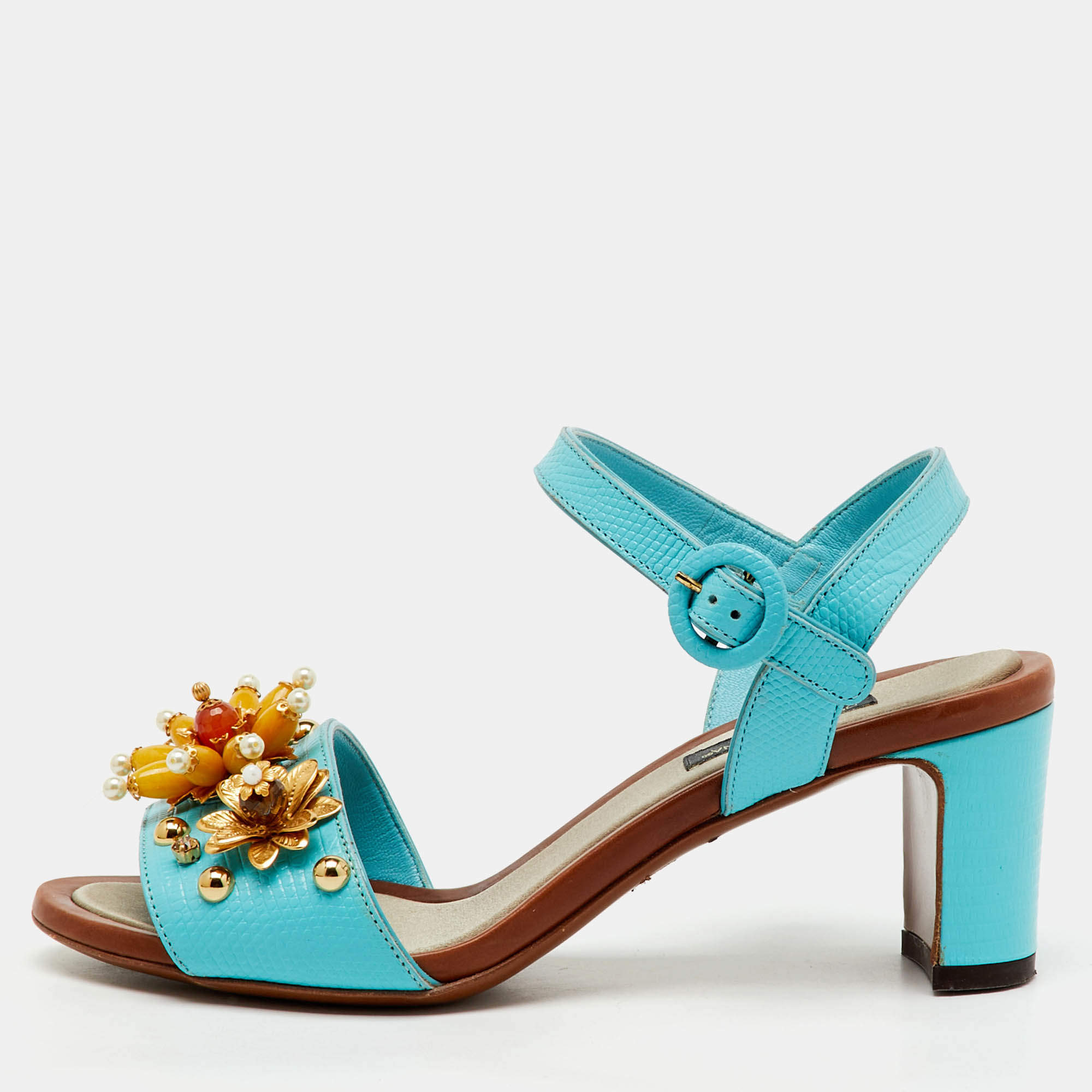 Pre Owned Dolce & Gabbana Blue Lizard Embossed Leather Embellished Block Heel Ankle Strap Sandals Size 35