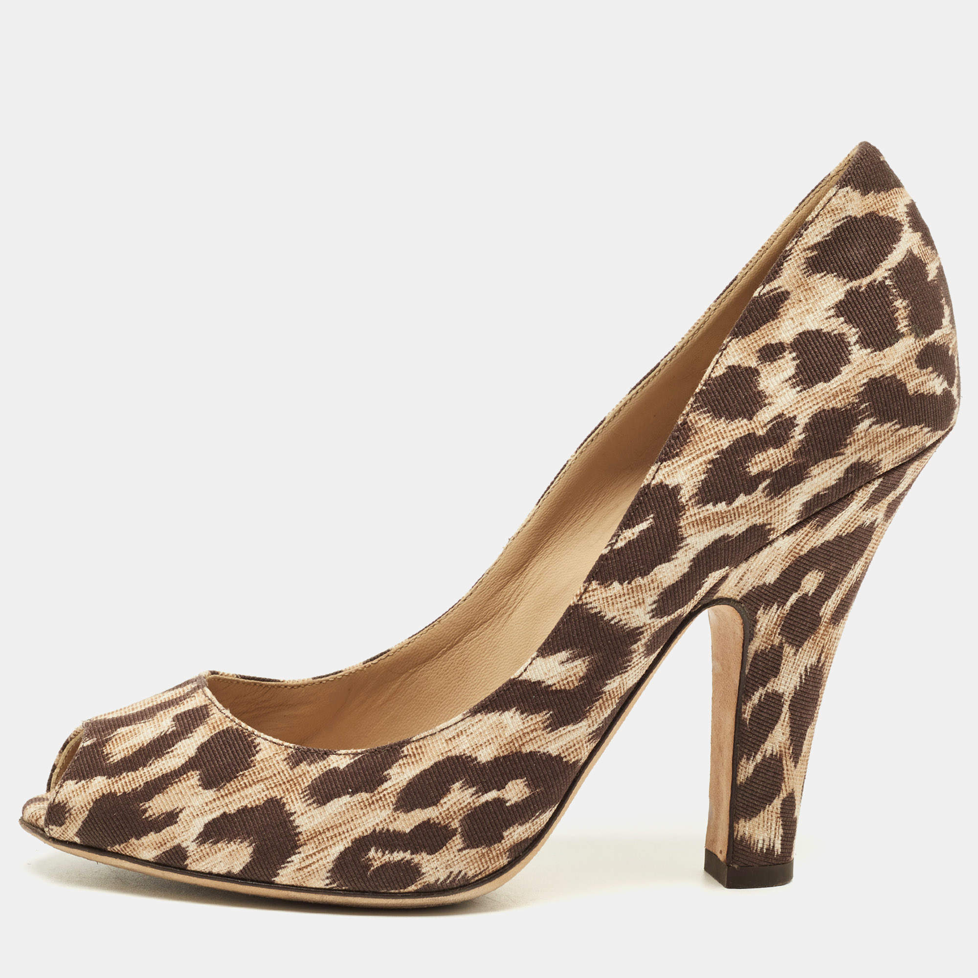 Pre Owned Dolce & Gabbana Brown/Beige Leopard Print Canvas Peep Toe Pumps Size 39
