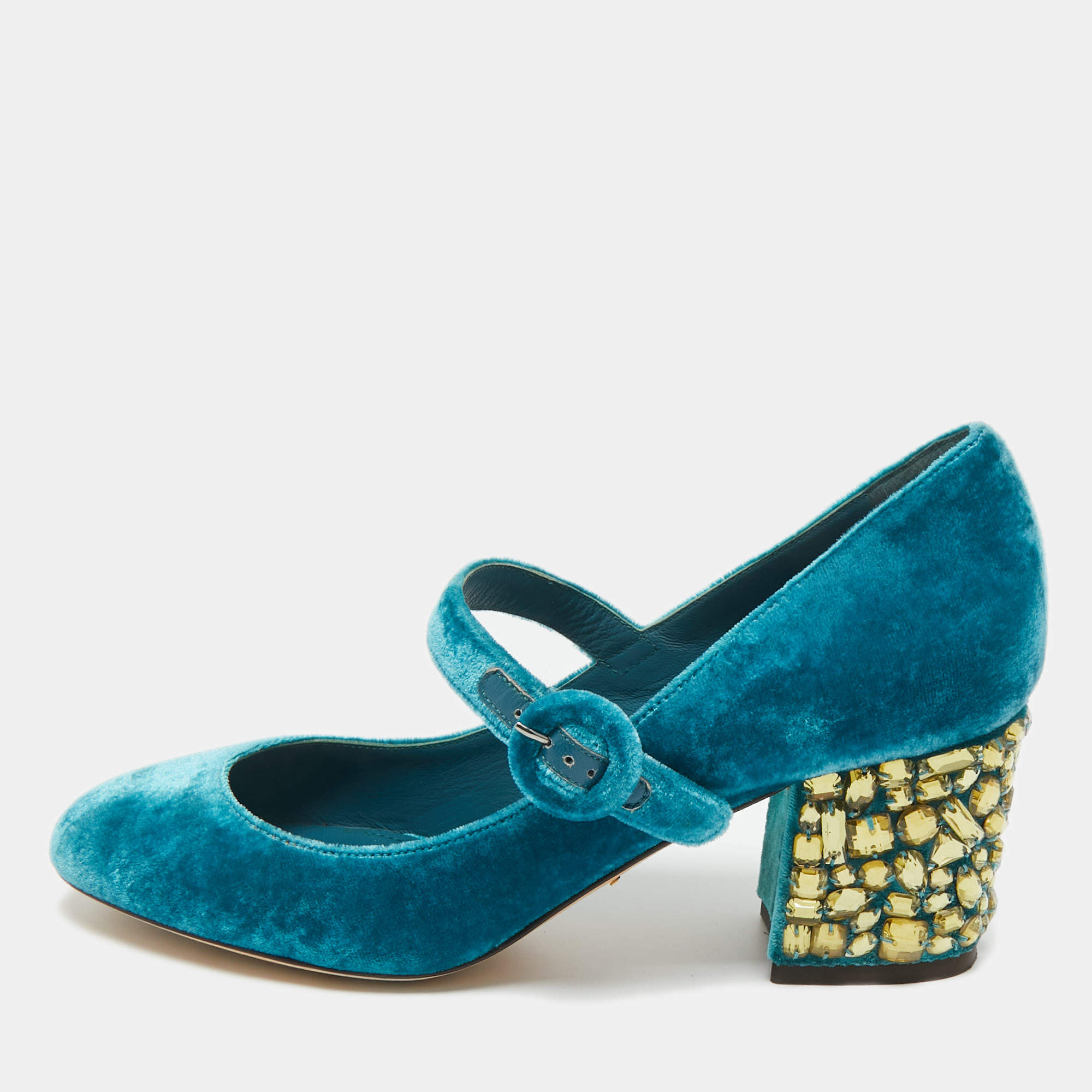 مملوكة مسبقًا Dolce & Gabbana Blue Velvet Crystal Embellished Mary Jane Pumps Size 36.5