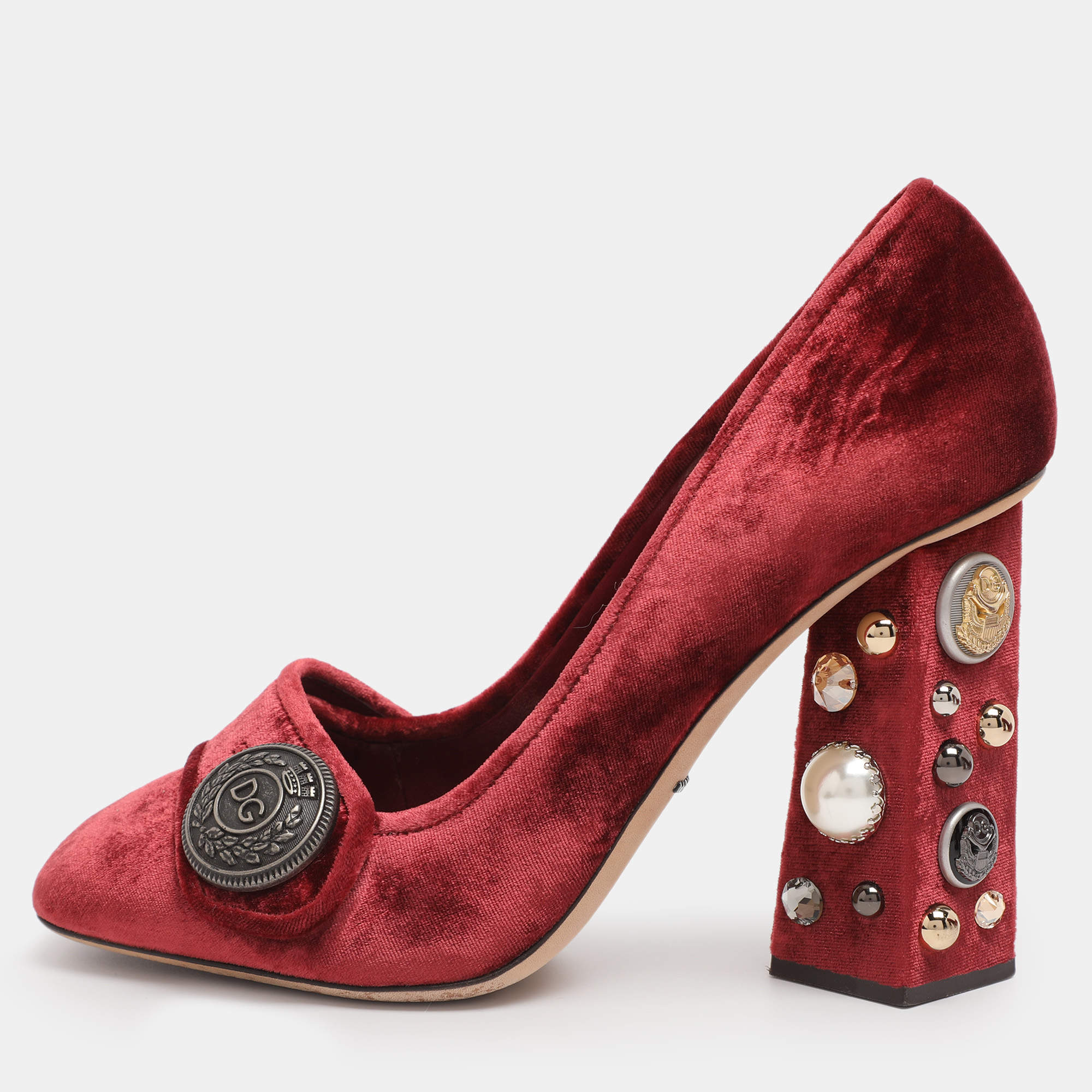Pre Owned Dolce & Gabbana Red Velvet Jackie Embellished Block Heel Pumps Size 39