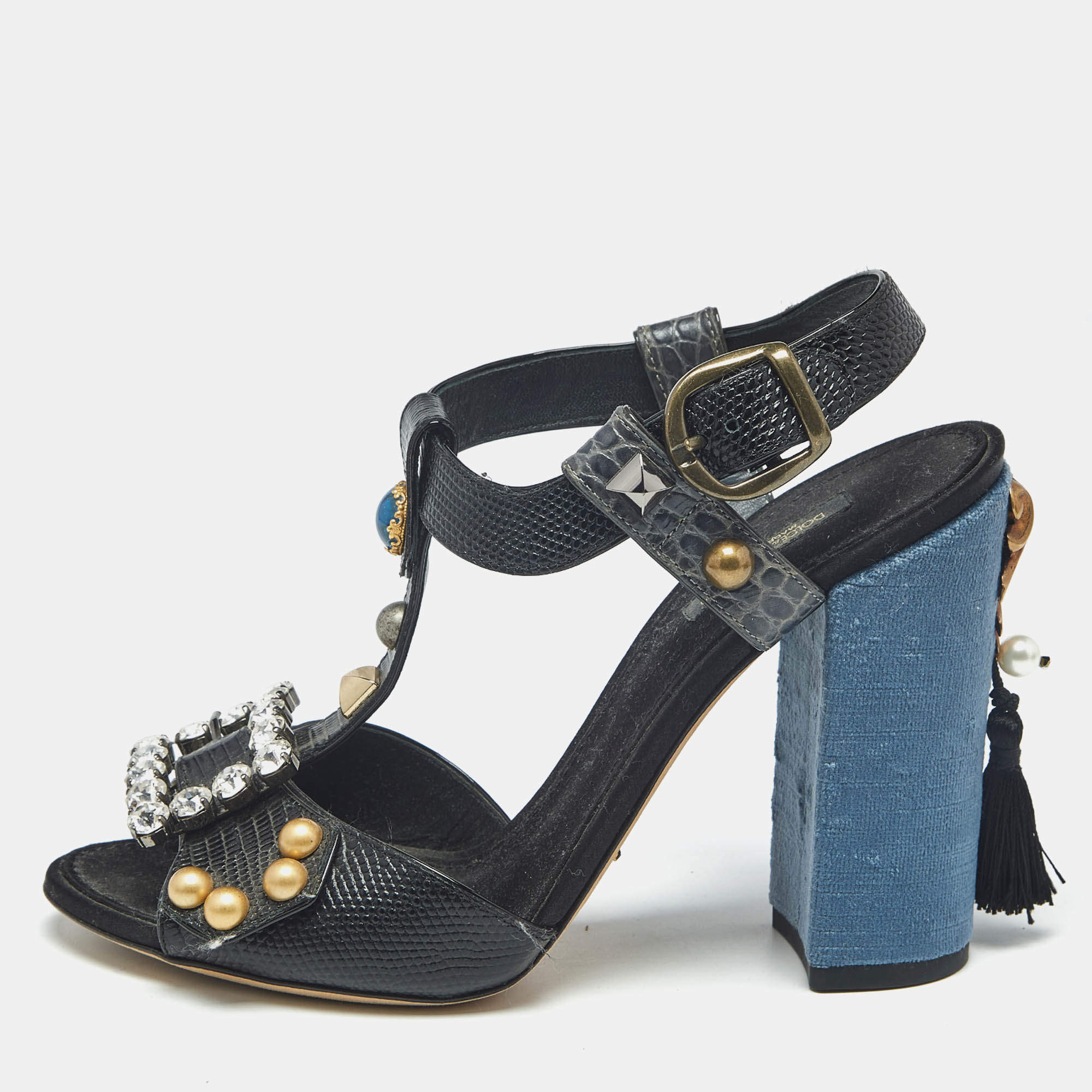 Pre Owned Dolce & Gabbana Black Lizard Embossed Leather and Velvet T Strap Sandals Size 40