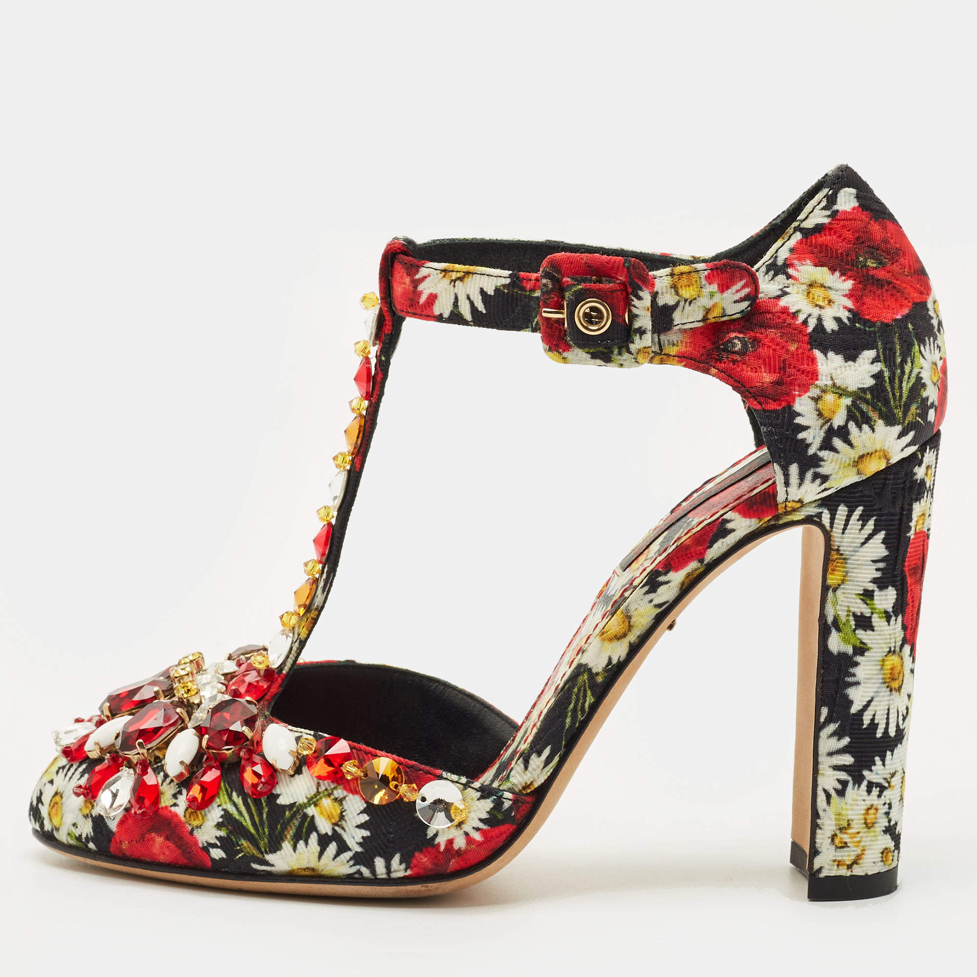 Pre Owned Dolce & Gabbana Multicolor Brocade Fabric Crystal Embellished  Mary Jane Pumps Size 36