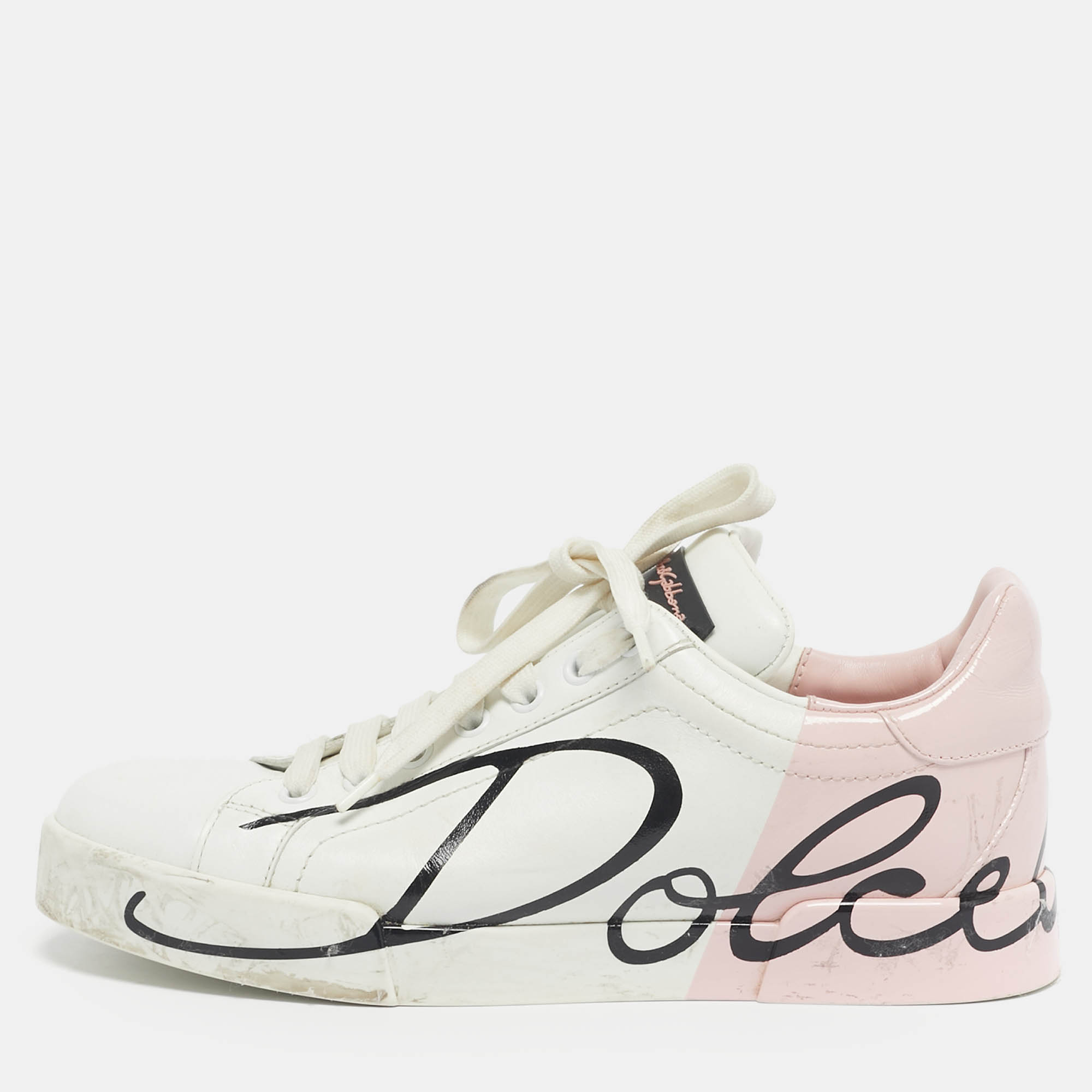 Pre Owned Dolce & Gabbana White/Pink Leather Portofino Low Top Sneakers Size 37