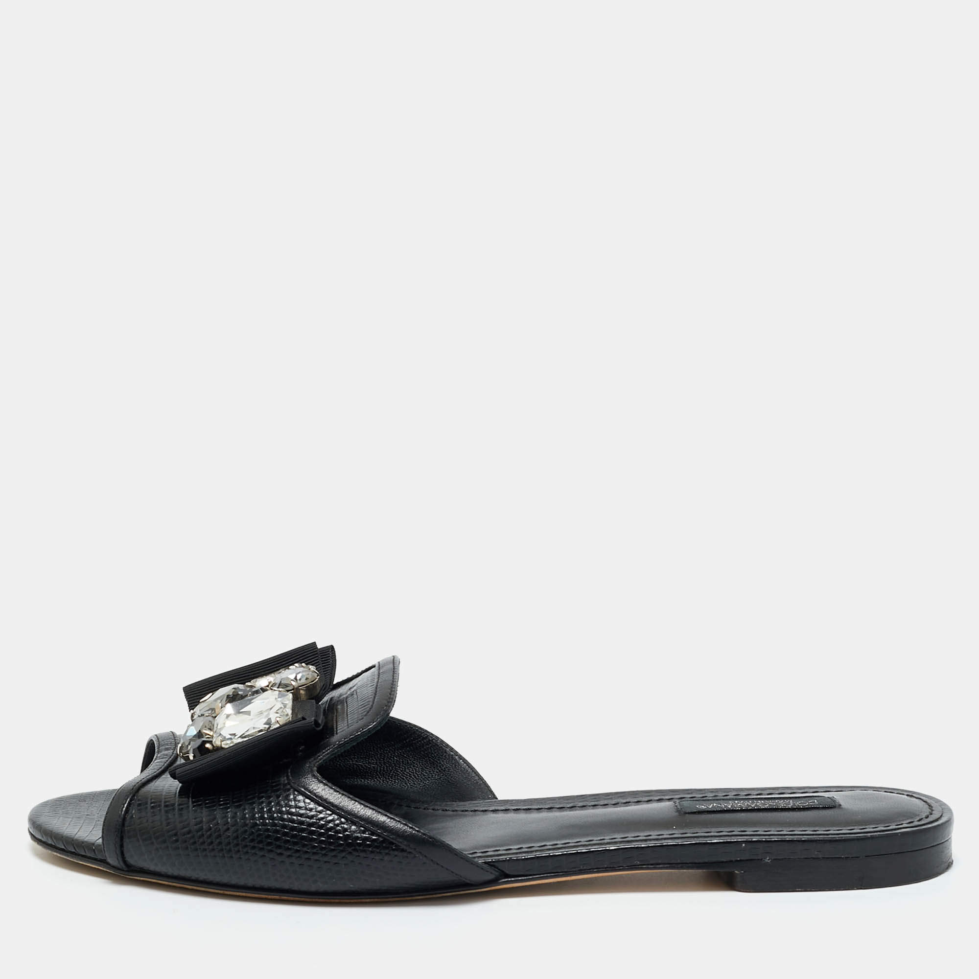 Pre Owned Dolce & Gabbana Black  Lizard Embossed Leather Crystal Embellish Flat Slides Size 40