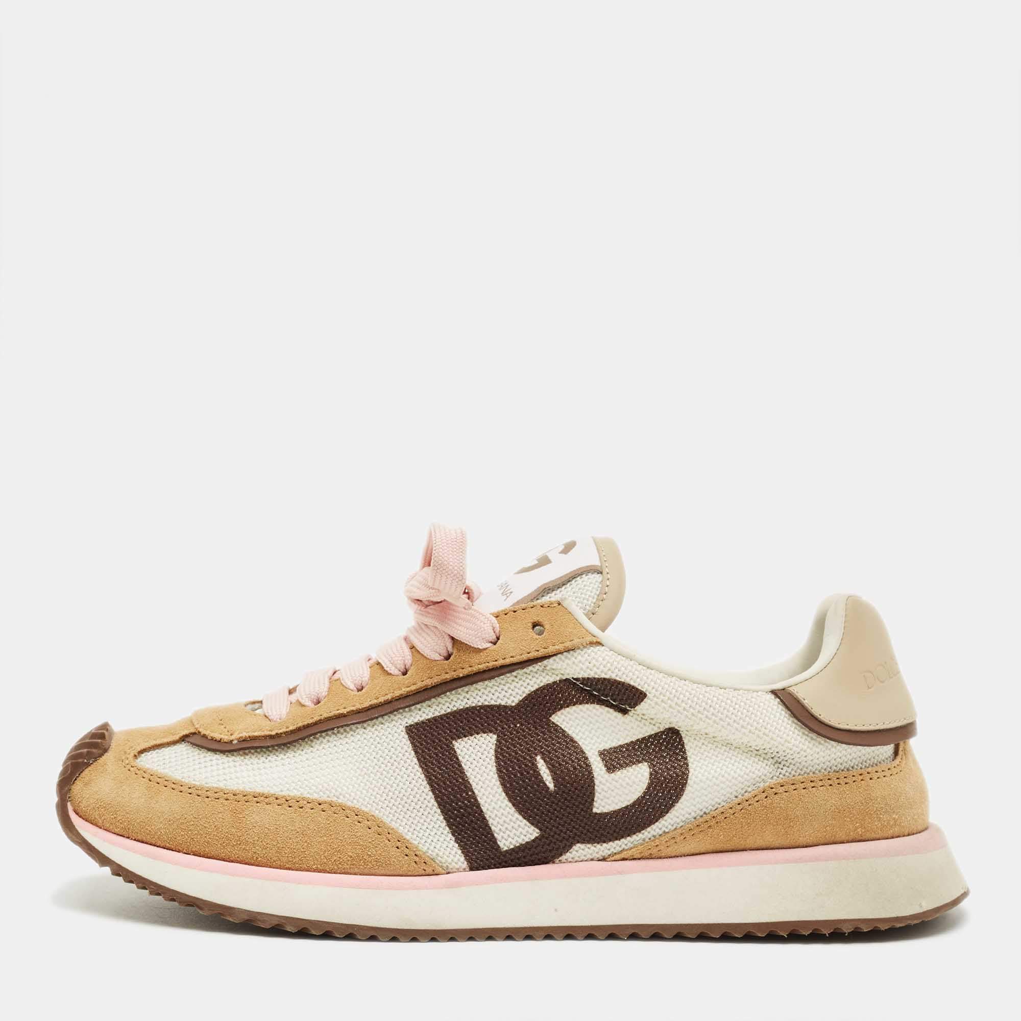 Pre Owned Dolce & Gabbana White/Brown Suede and Leather DG Cushion Sneakers Size 37.5