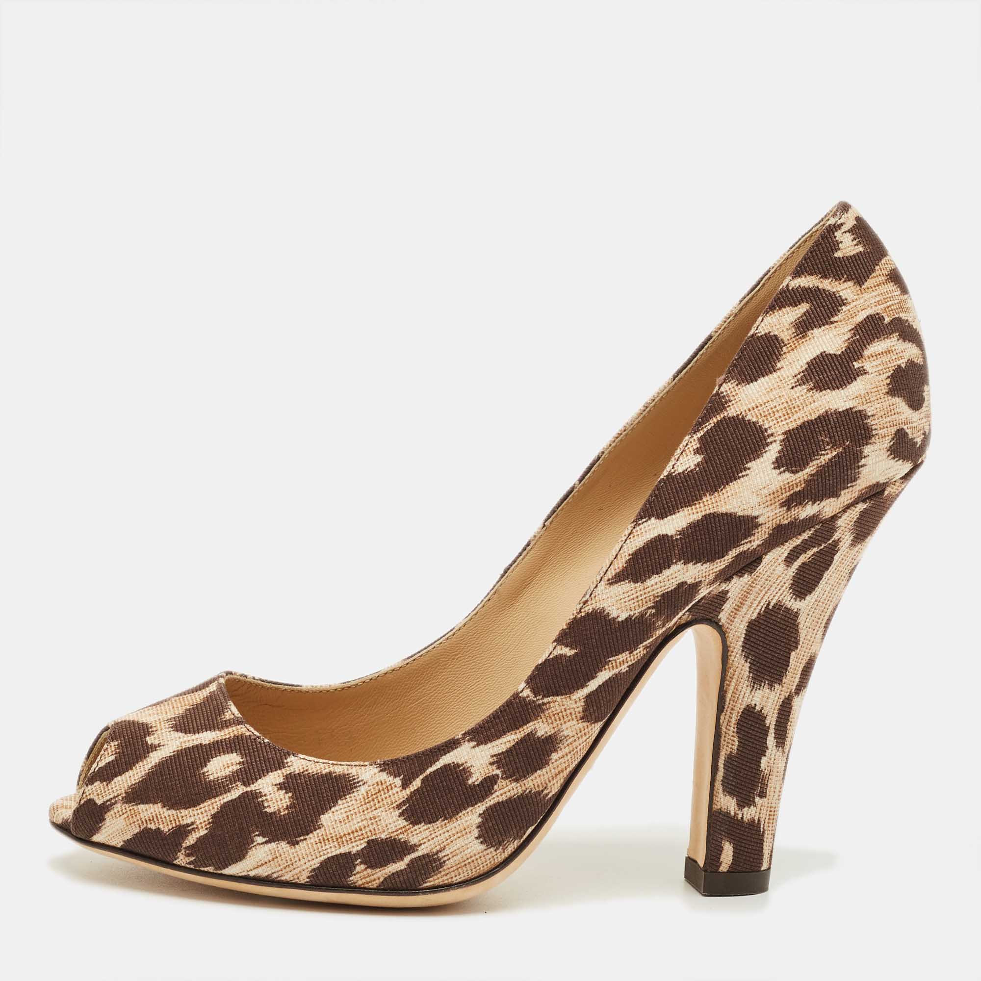 Pre Owned Dolce & Gabbana Brown/Beige Leopard Print Fabric Peep Toe Pumps Size 37.5