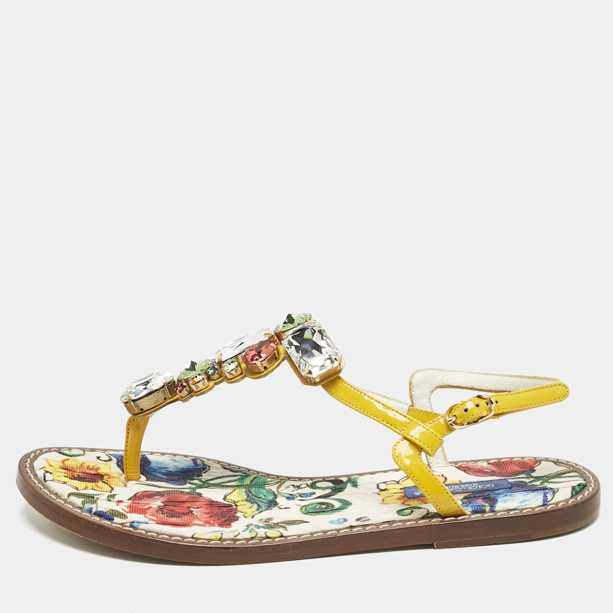Pre Owned Dolce & Gabbana Multicolor Patent Crystal Embellished Thong Strap Flat Sandals Size 37