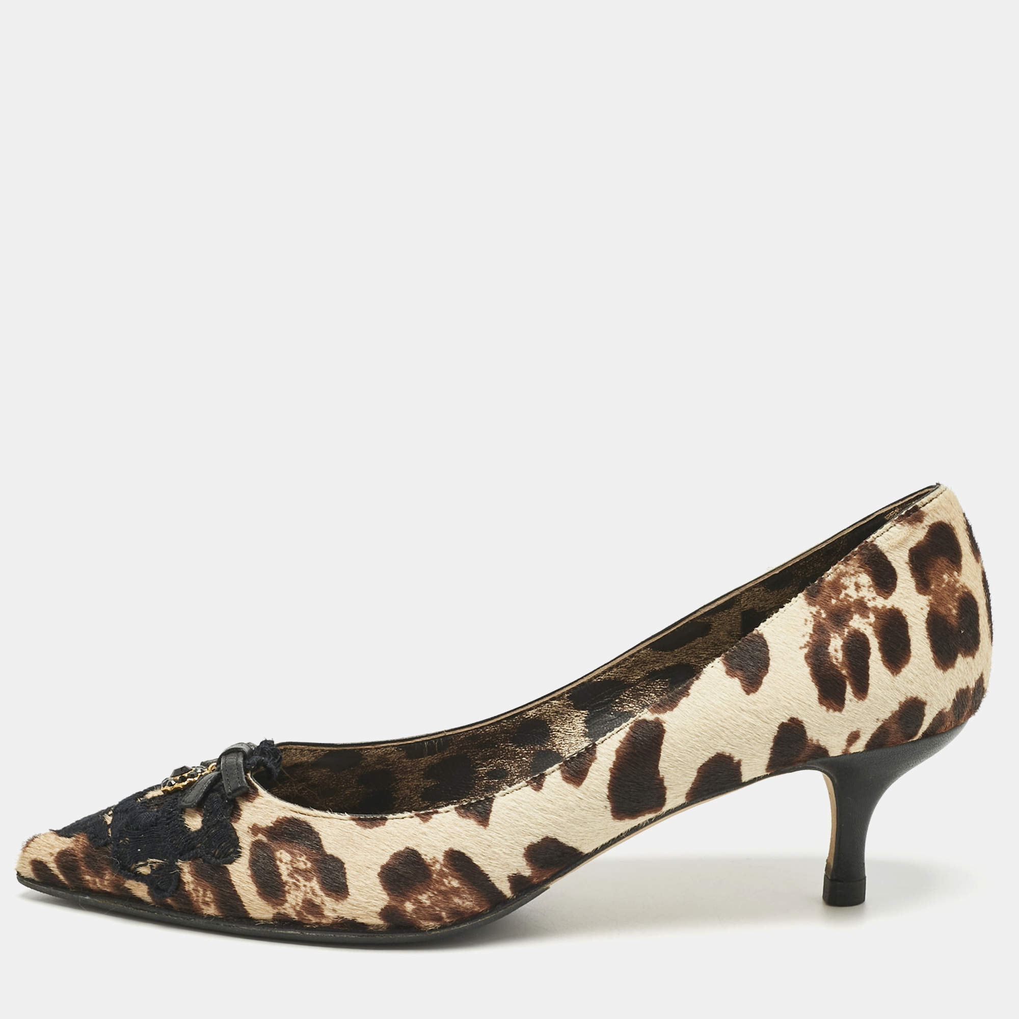 مملوكة مسبقًا Dolce & Gabbana Brown/Beige Calf Hair Bow Pointed Toe Pumps Size 37