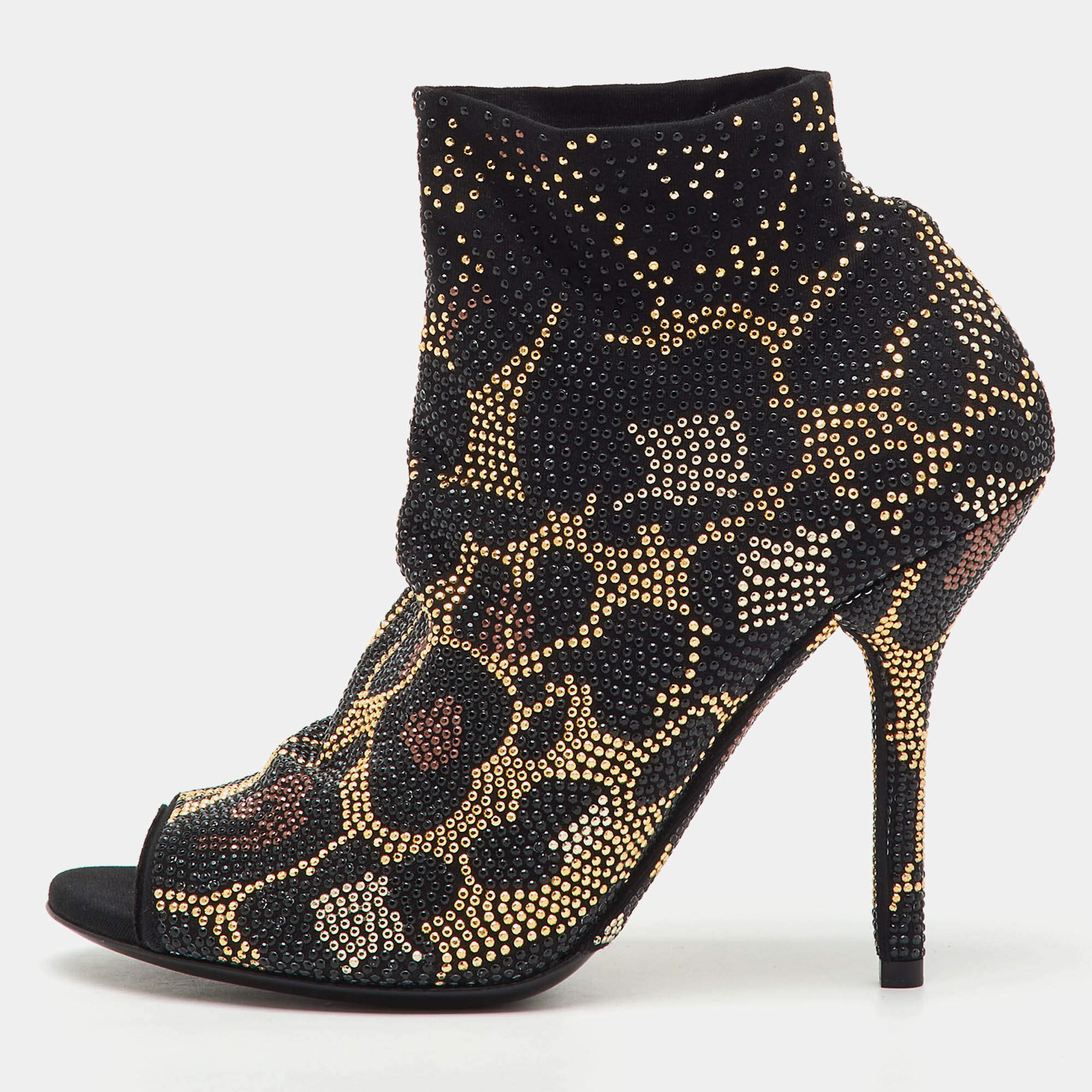 Pre Owned Dolce & Gabbana Black Stretch Fabric Metal Rhinestone Embellished Ankle Boots Size 36
