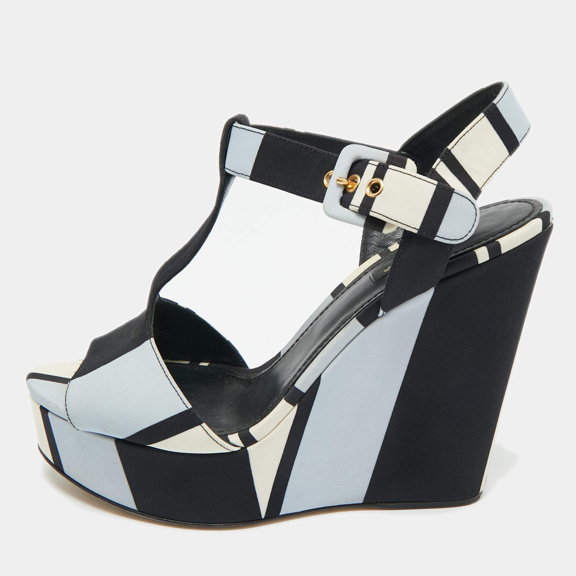 Pre Owned Dolce & Gabbana Tricolor Fabric T Strap Wedge Platform Sandals Size 39.5