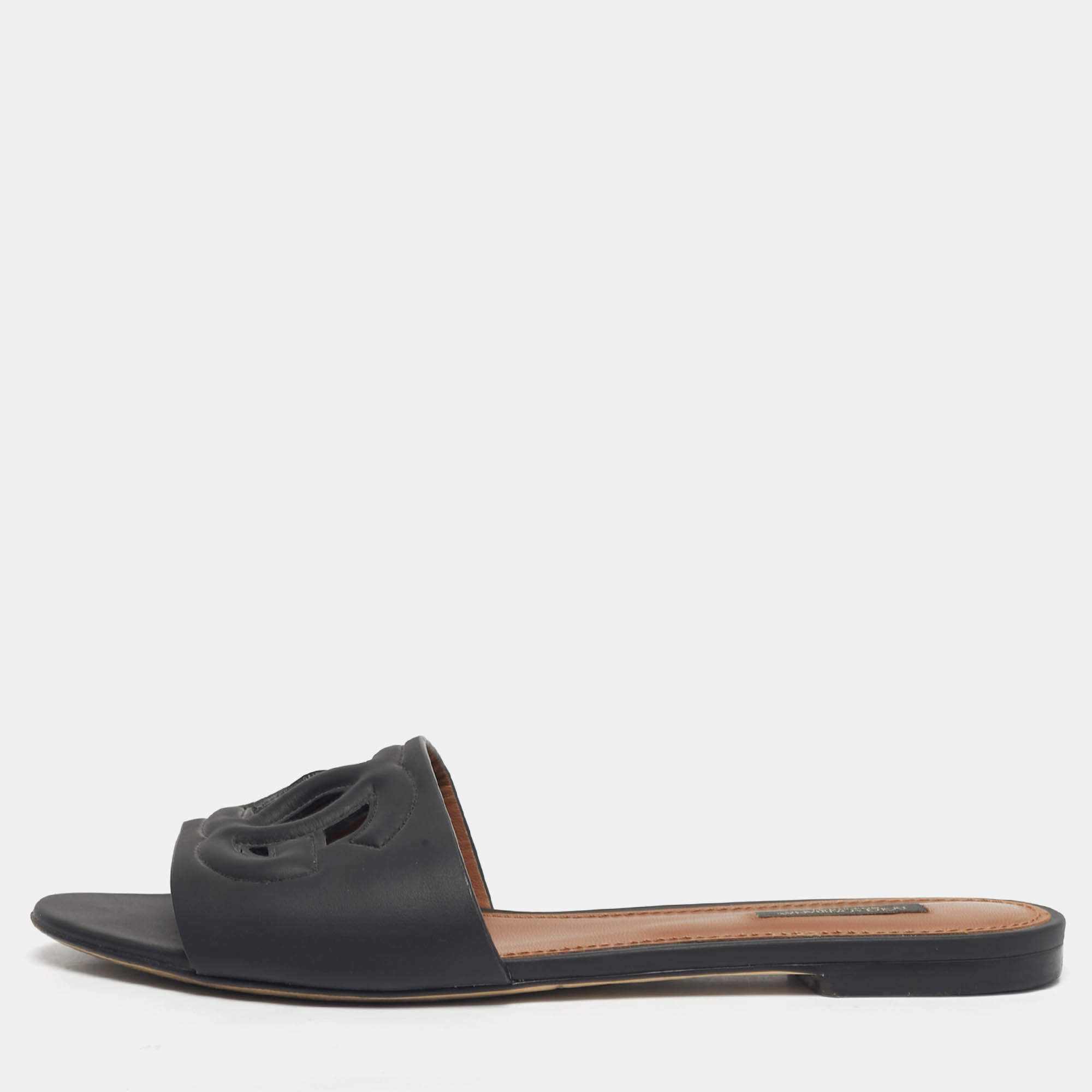 Pre Owned Dolce & Gabbana Black Leather  DG Cut Out Flat Slide Size 39.5