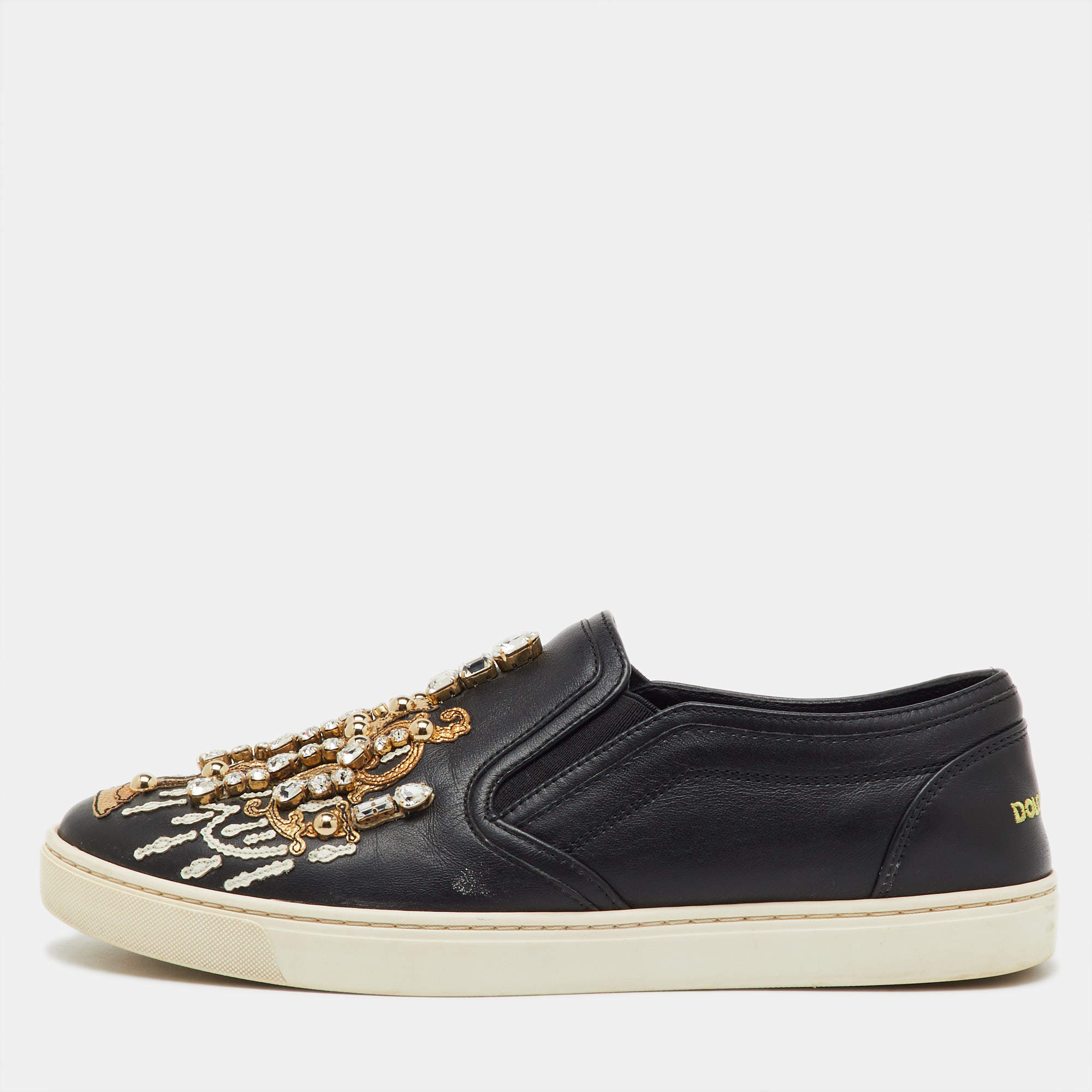 Pre Owned Dolce & Gabbana Black Leather Embellished Slip On Sneakers Size 39