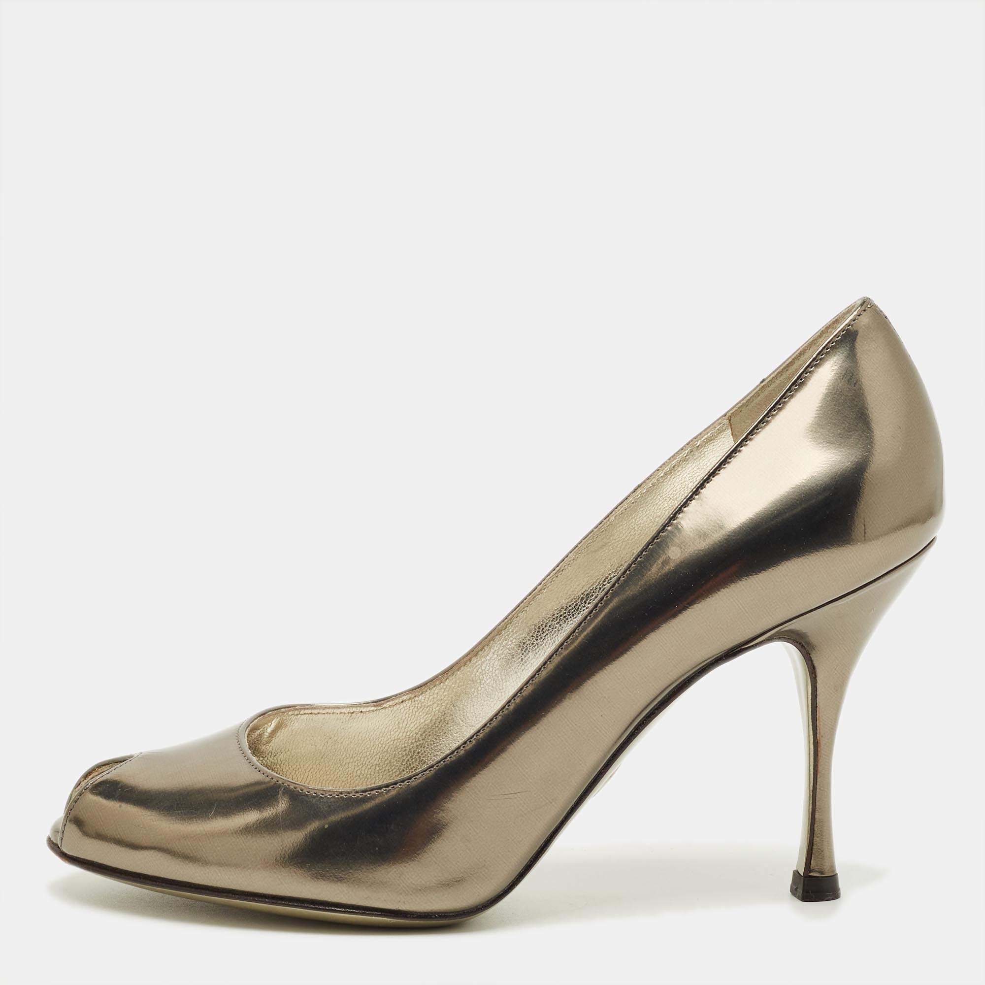 Pre Owned Dolce & Gabbana Metallic Leather Peep Toe Pumps Size 36.5